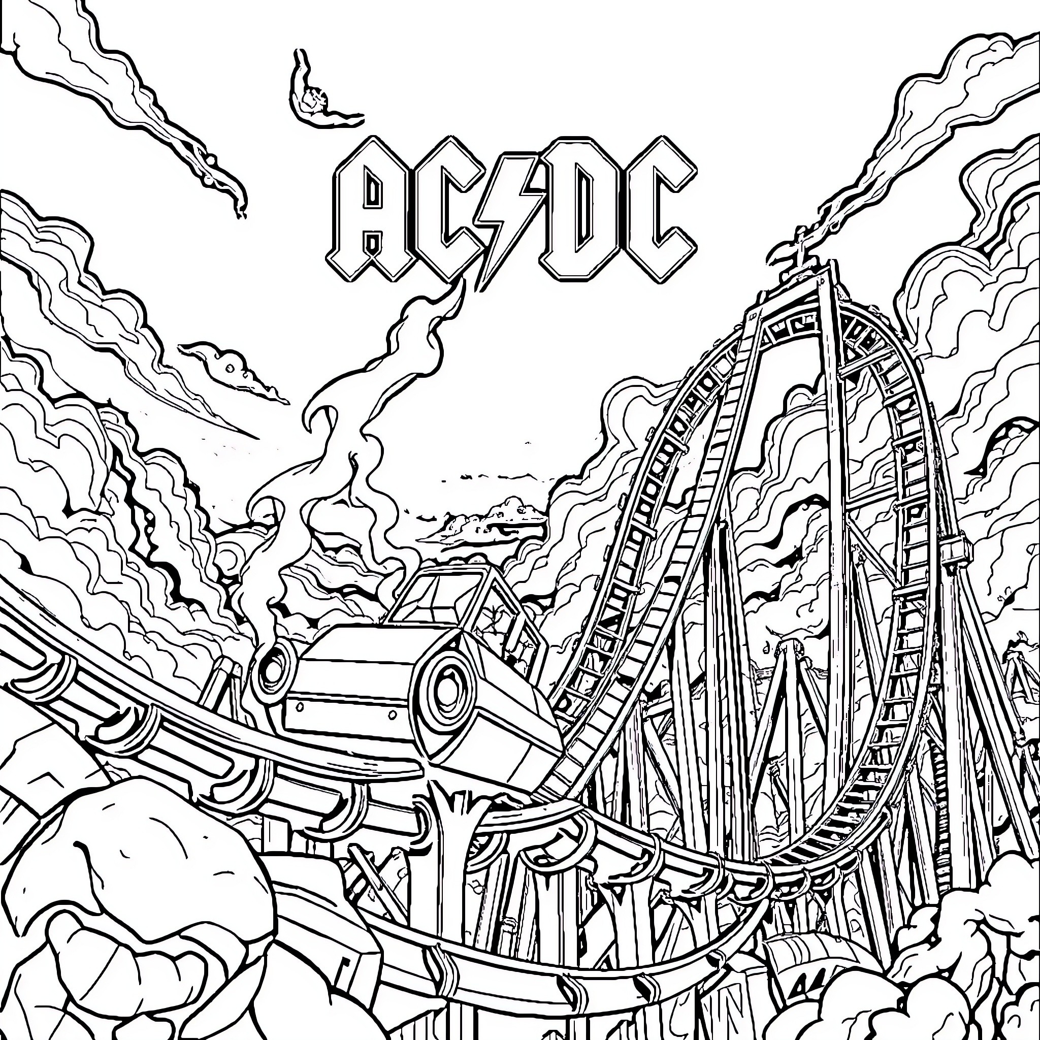 Roller Coaster Thrilling Ride with Dramatic Scenery Coloring Page (free black-and-white line drawing printable PDF for all, from beginners to advanced learners, including children, teens, adults, and seniors)