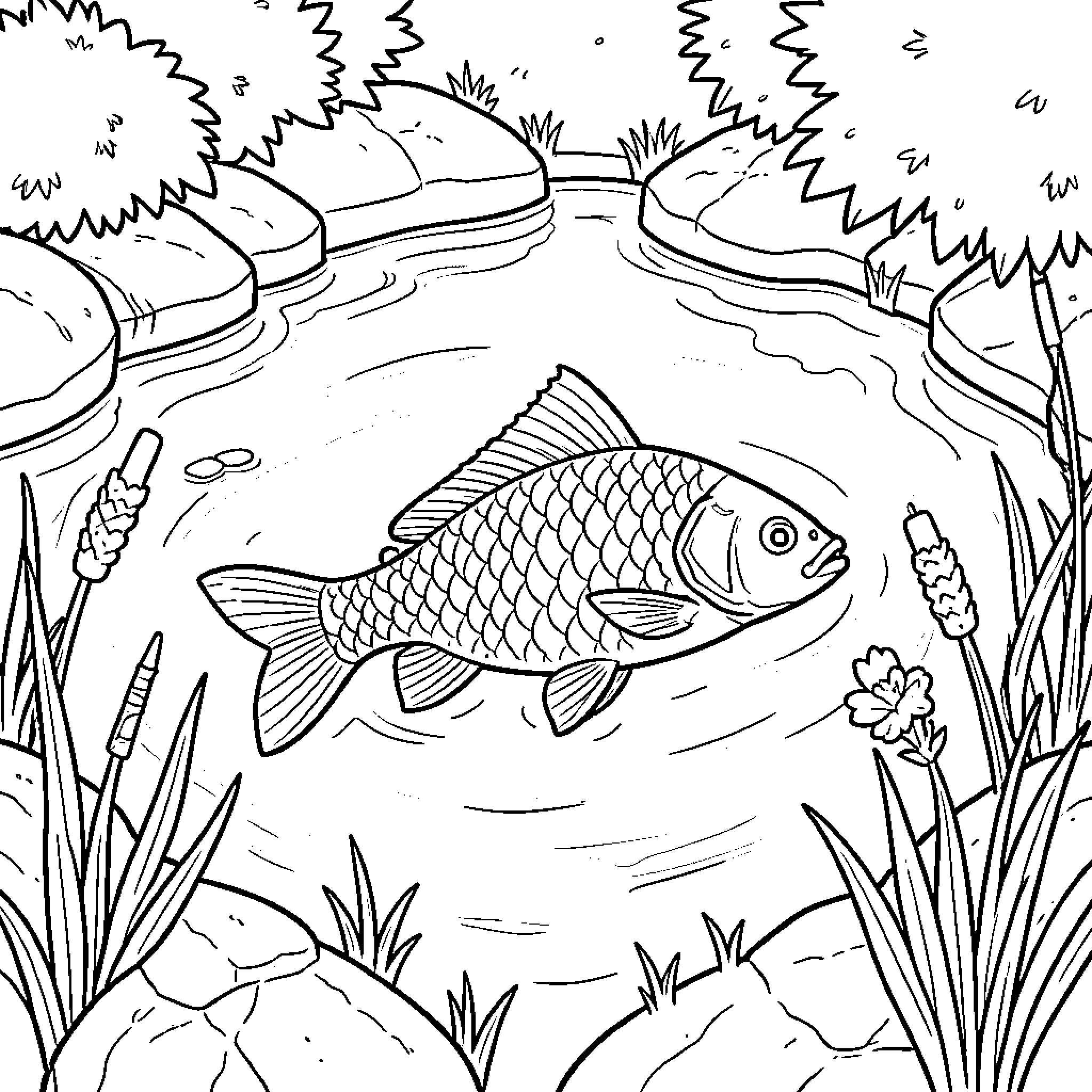 Fish swimming peacefully in a garden pond Coloring Page (free black-and-white line drawing printable PDF for all, from beginners to advanced learners, including children, teens, adults, and seniors)