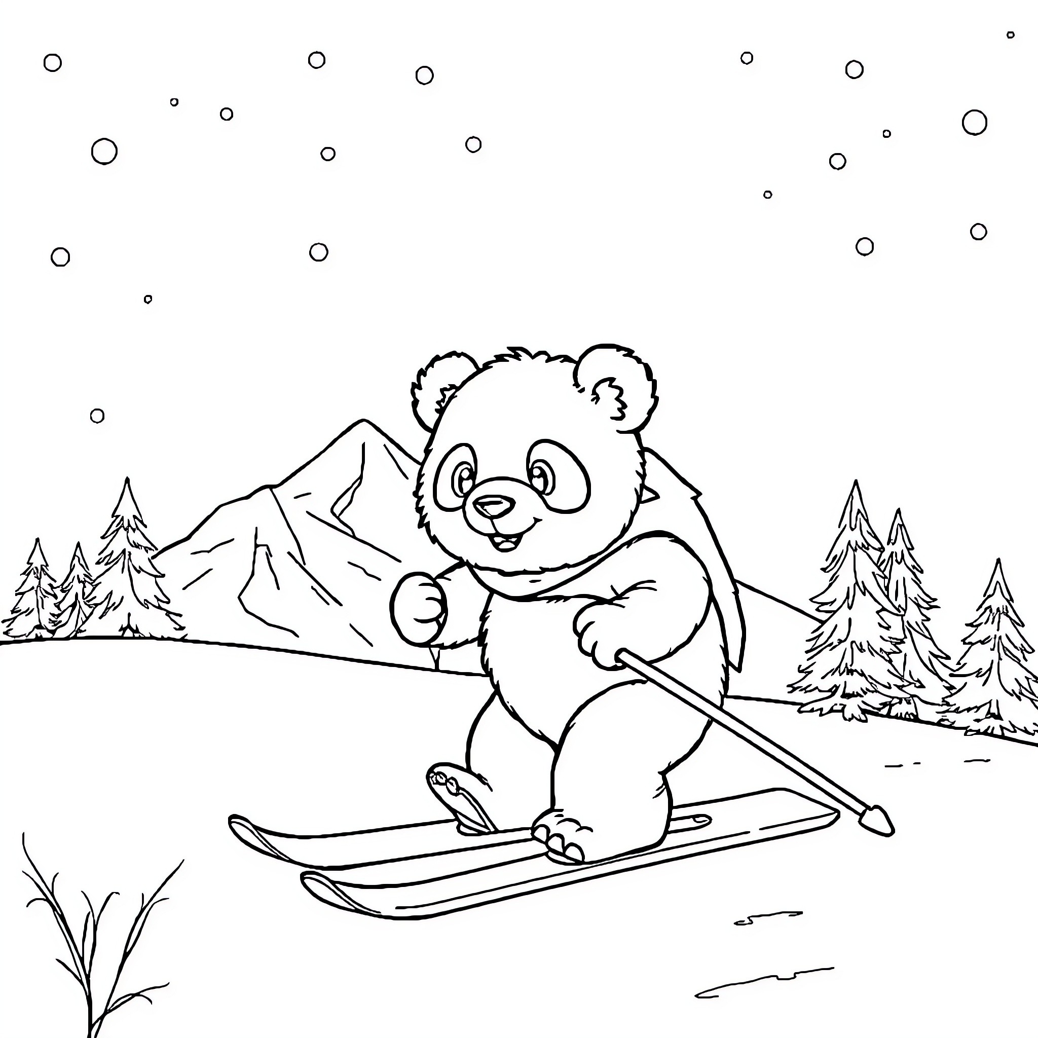 Panda skiing down the snowy mountain Coloring Page (free black-and-white line drawing printable PDF for all, from beginners to advanced learners, including children, teens, adults, and seniors)