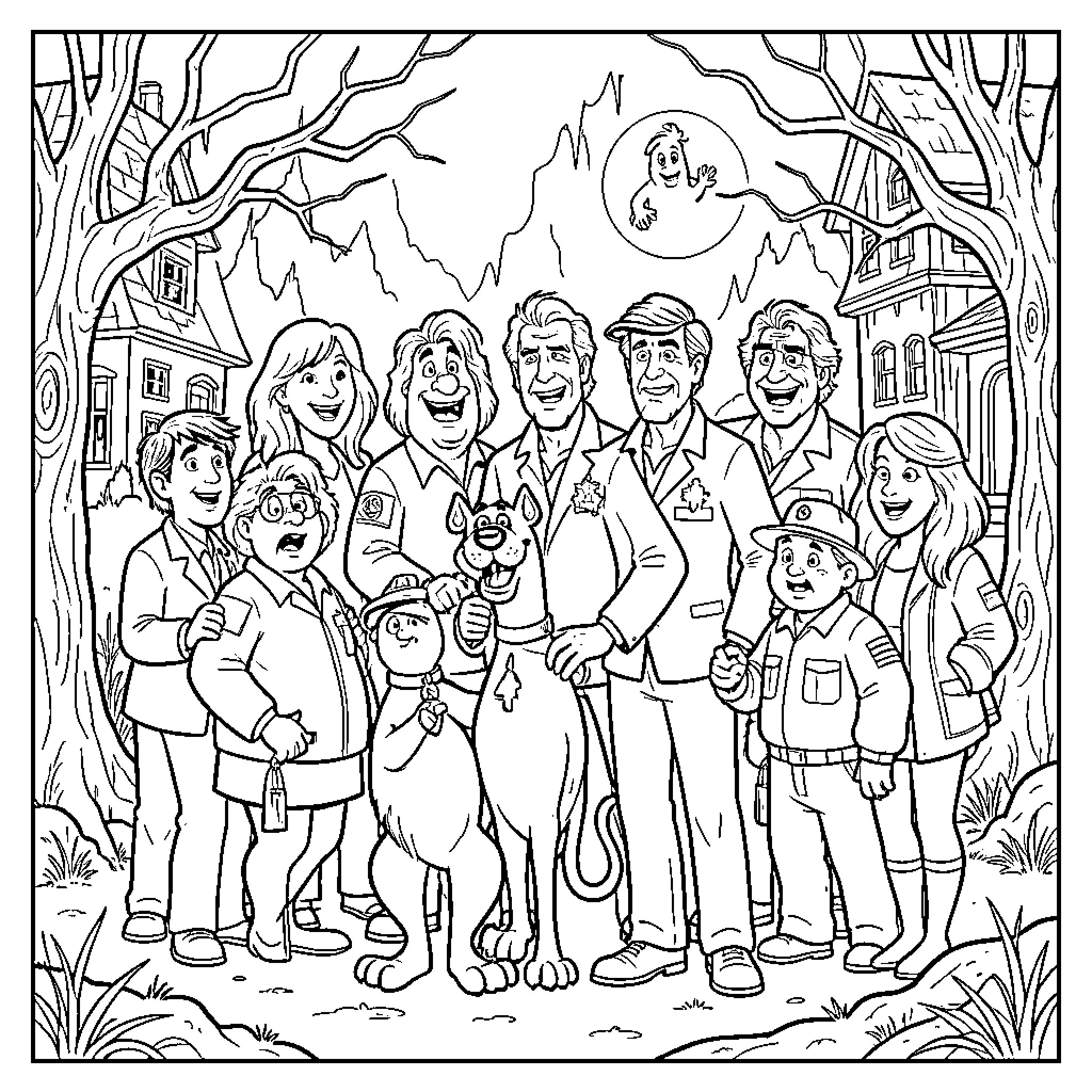 Scooby Doo and friends posing together in a forest Coloring Page (free black-and-white line drawing printable PDF for all, from beginners to advanced learners, including children, teens, adults, and seniors)