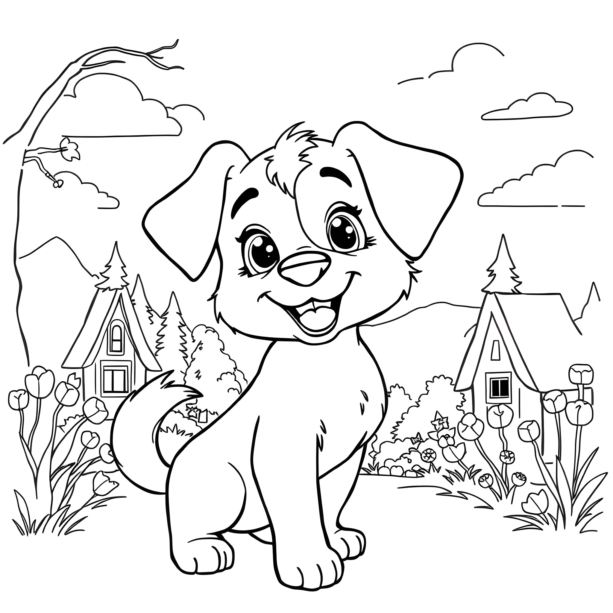 Dog playing happily in the countryside Coloring Page (free black-and-white line drawing printable PDF for all, from beginners to advanced learners, including children, teens, adults, and seniors)