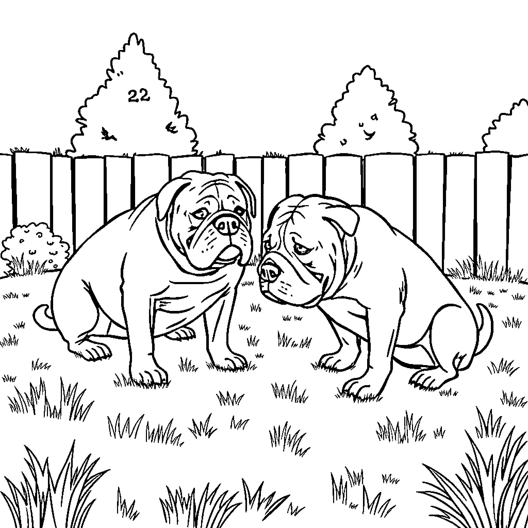 Dogs playing together in the yard Coloring Page (free black-and-white line drawing printable PDF for all, from beginners to advanced learners, including children, teens, adults, and seniors)