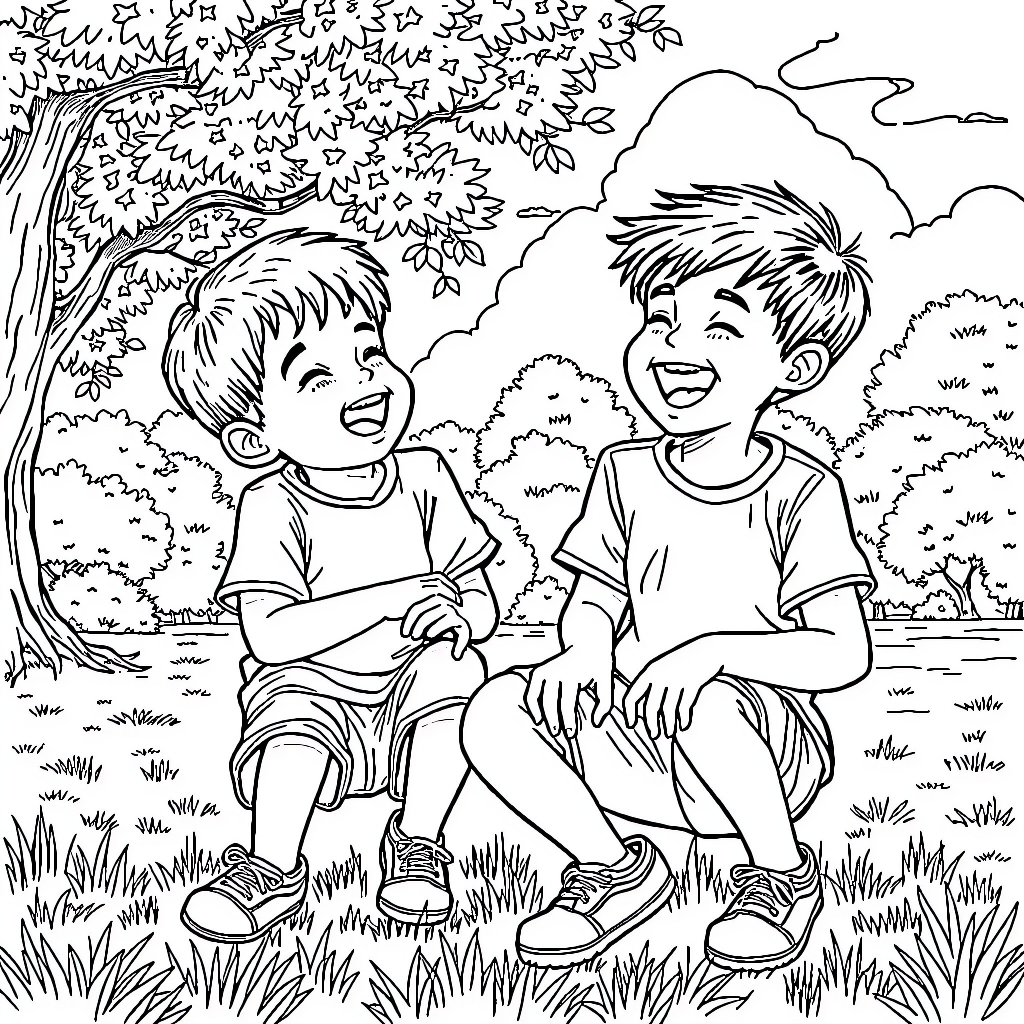 Saja Boy's Outdoor Adventure Coloring Page (free black-and-white line drawing printable PDF for all, from beginners to advanced learners, including children, teens, adults, and seniors)