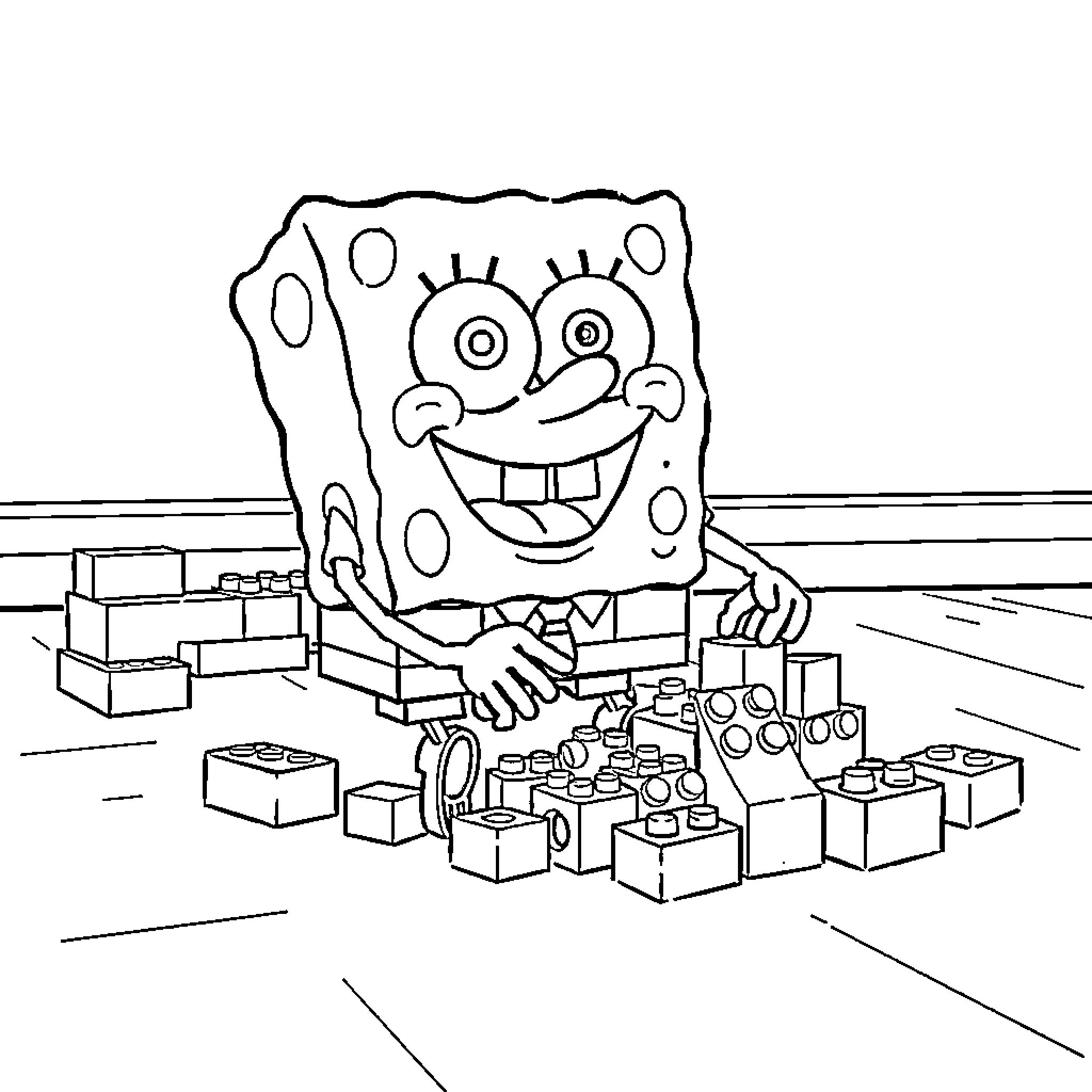 Spongebob playing happily with building blocks Coloring Page (free black-and-white line drawing printable PDF for all, from beginners to advanced learners, including children, teens, adults, and seniors)