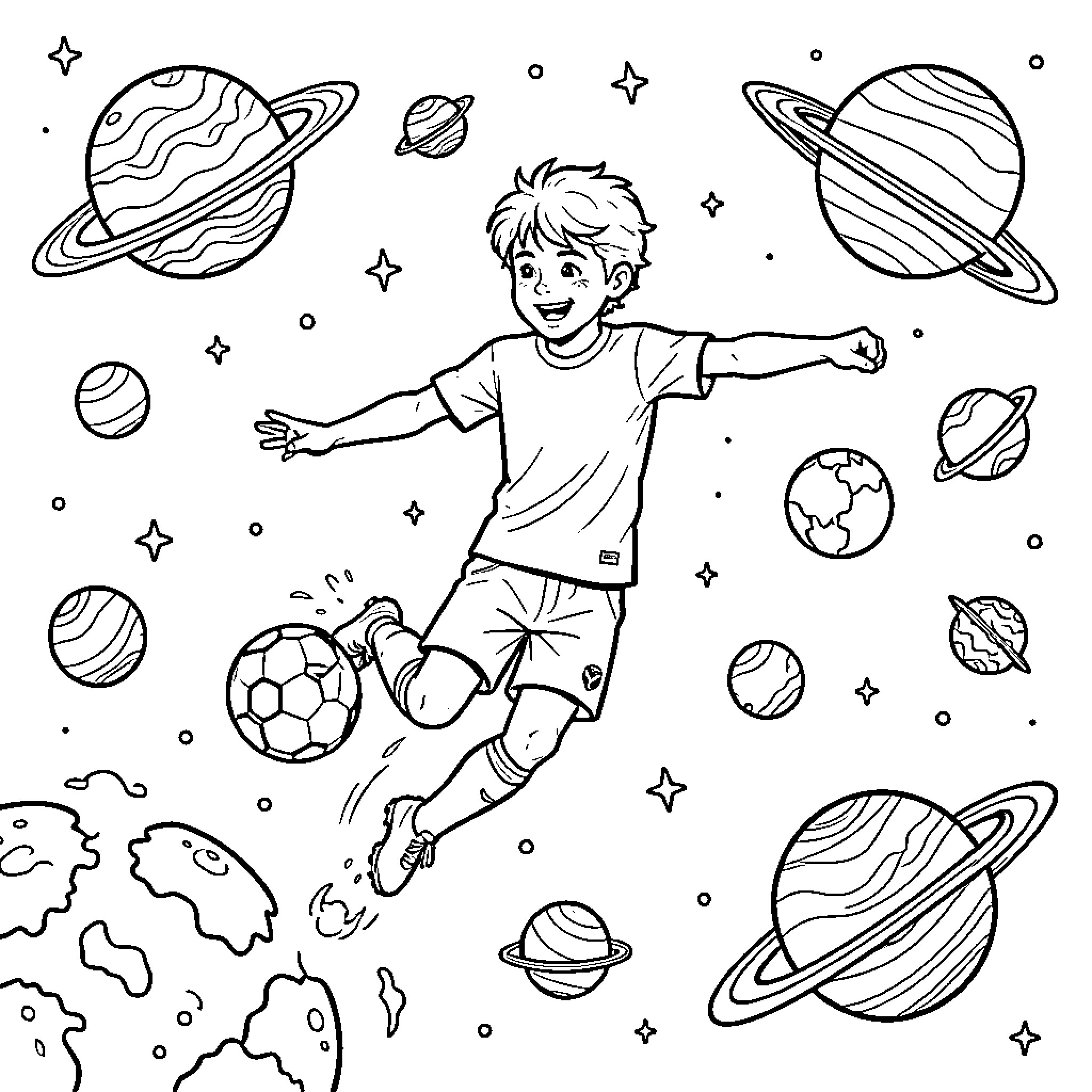 Lamine Yamal Playing Soccer in Outer Space Coloring Page (free black-and-white line drawing printable PDF for all, from beginners to advanced learners, including children, teens, adults, and seniors)