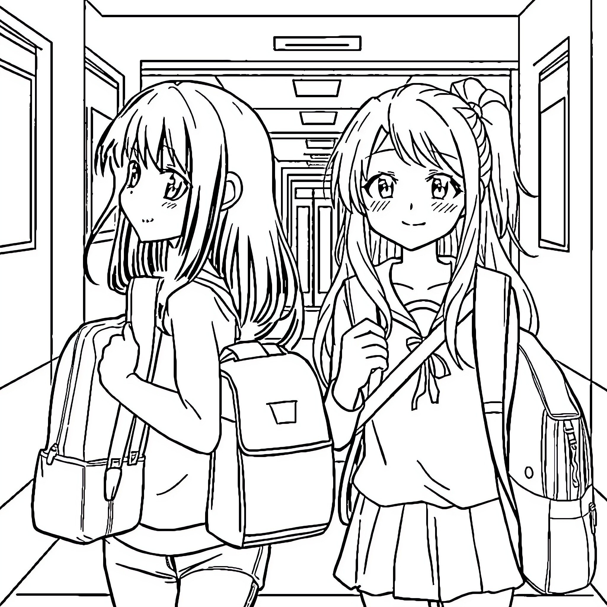 Melody of Friendship in the School Hallway Coloring Page (free black-and-white line drawing printable PDF for all, from beginners to advanced learners, including children, teens, adults, and seniors)