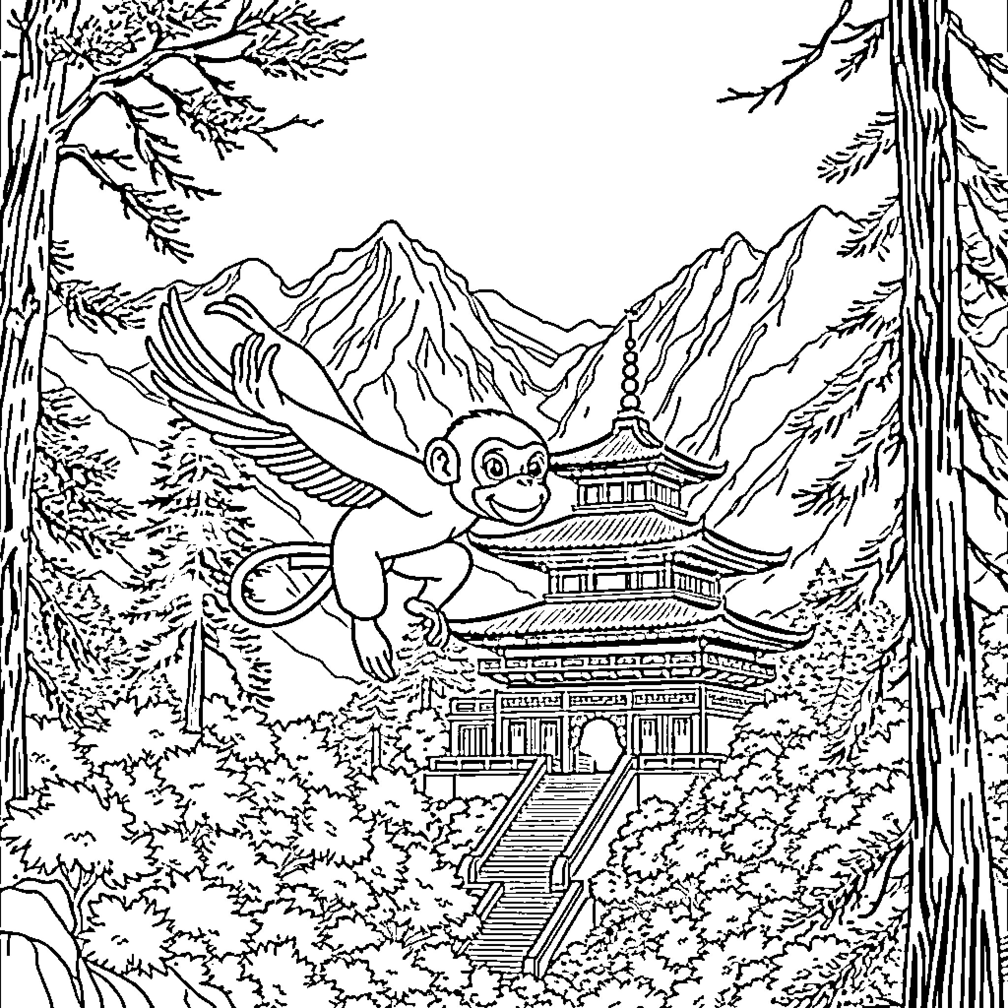 Monkey exploring a mystical temple in the mountains Coloring Page (free black-and-white line drawing printable PDF for all, from beginners to advanced learners, including children, teens, adults, and seniors)