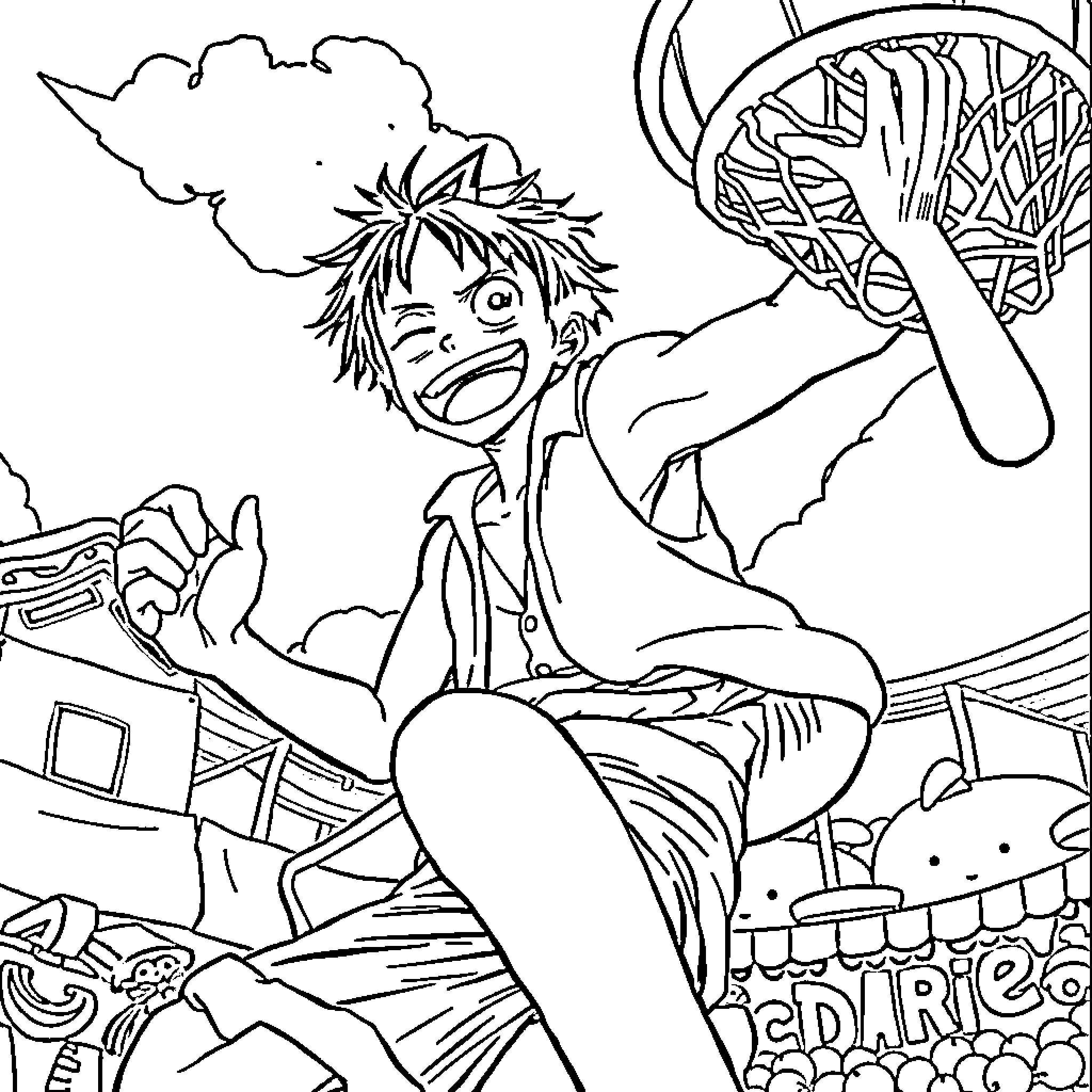 Luffy's Exhilarating Basketball Game Coloring Page (free black-and-white line drawing printable PDF for all, from beginners to advanced learners, including children, teens, adults, and seniors)