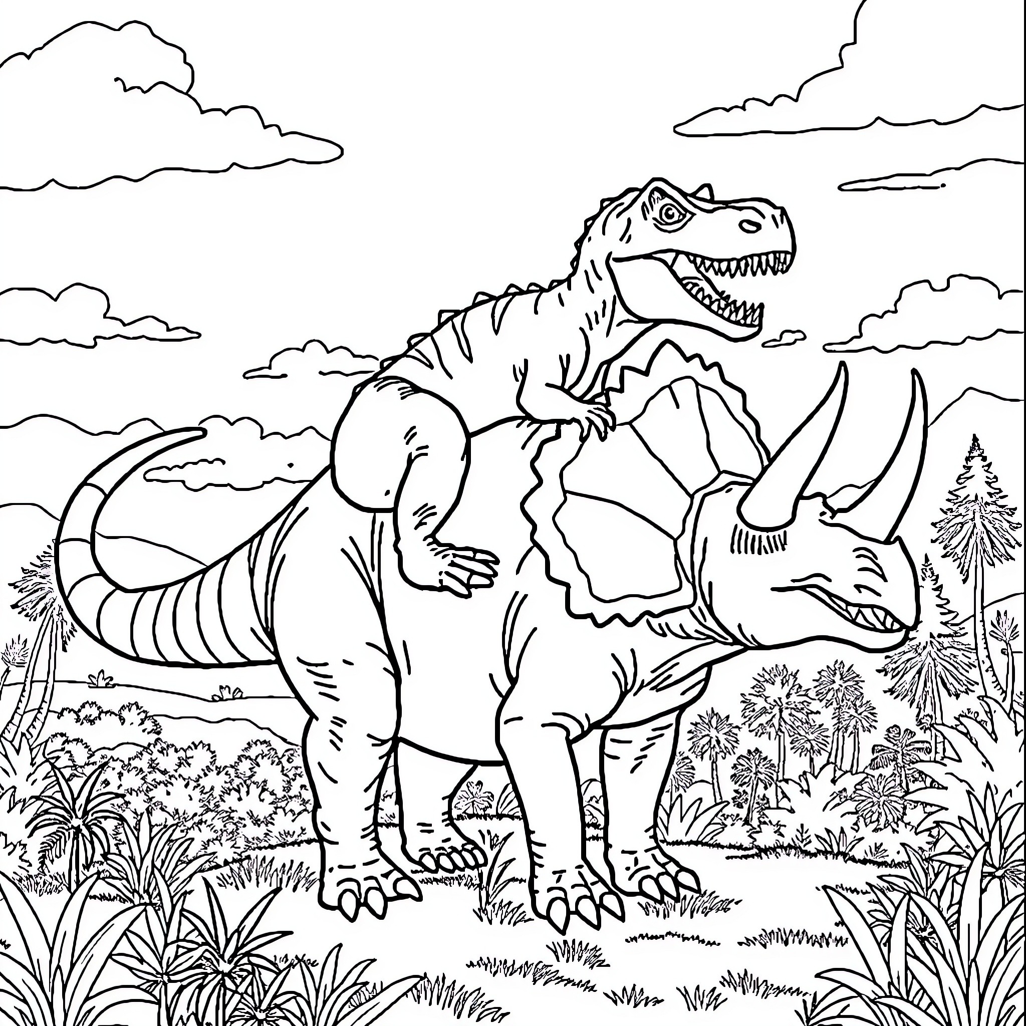 Tyrannosaurus Roaring Fiercely in Prehistoric Landscape Coloring Page (free black-and-white line drawing printable PDF for all, from beginners to advanced learners, including children, teens, adults, and seniors)