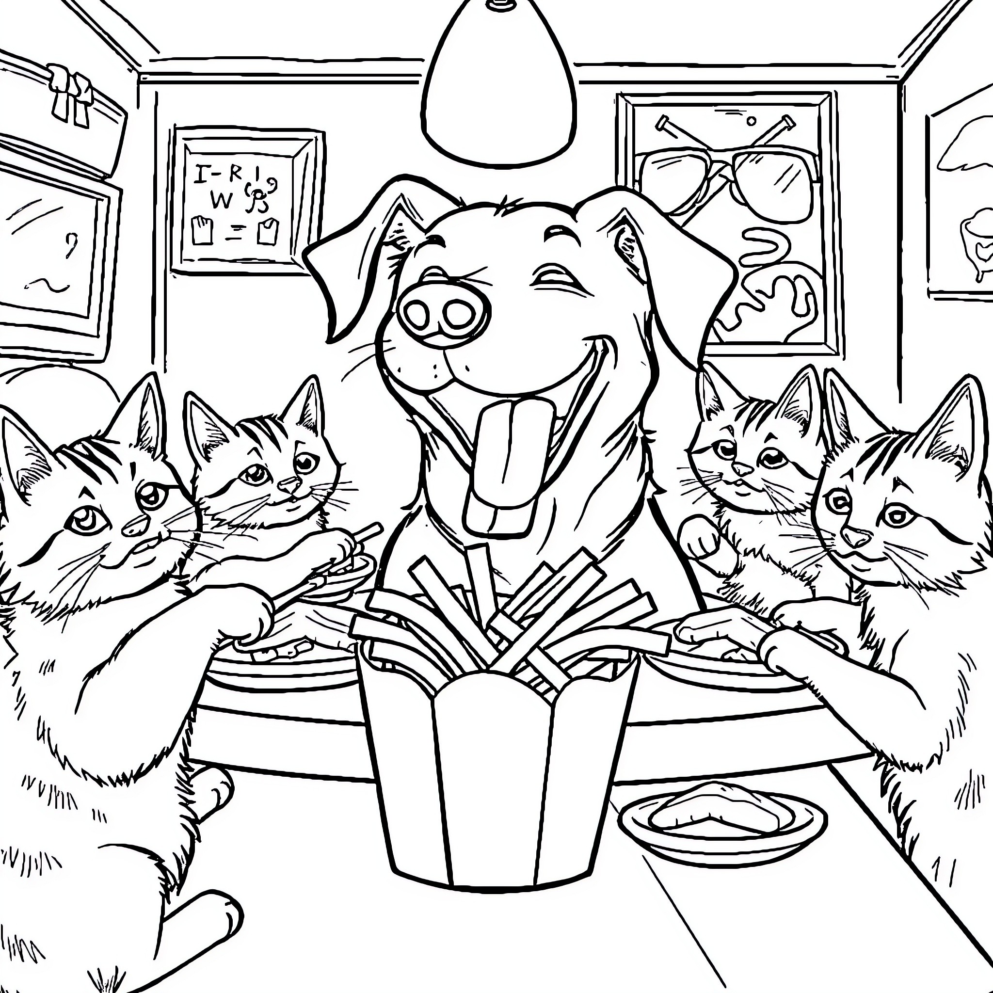 Dog and Kittens Reading Books Together Coloring Page (free black-and-white line drawing printable PDF for all, from beginners to advanced learners, including children, teens, adults, and seniors)