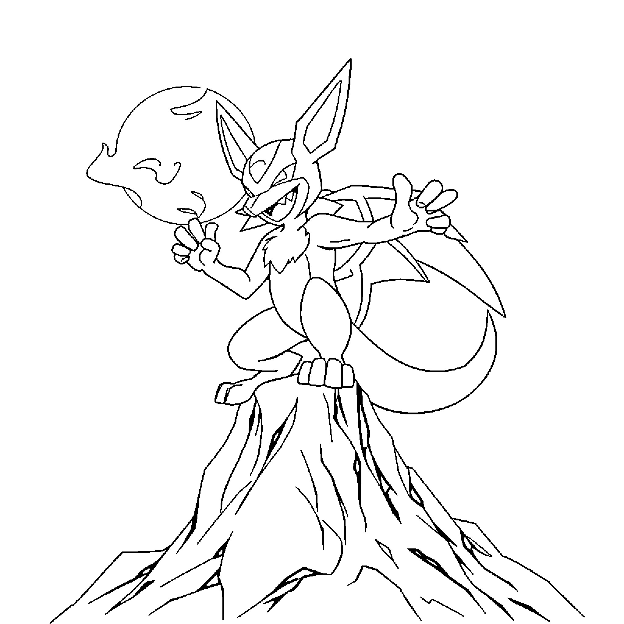 Lucario Performing Powerful Martial Arts Moves Coloring Page (free black-and-white line drawing printable PDF for all, from beginners to advanced learners, including children, teens, adults, and seniors)