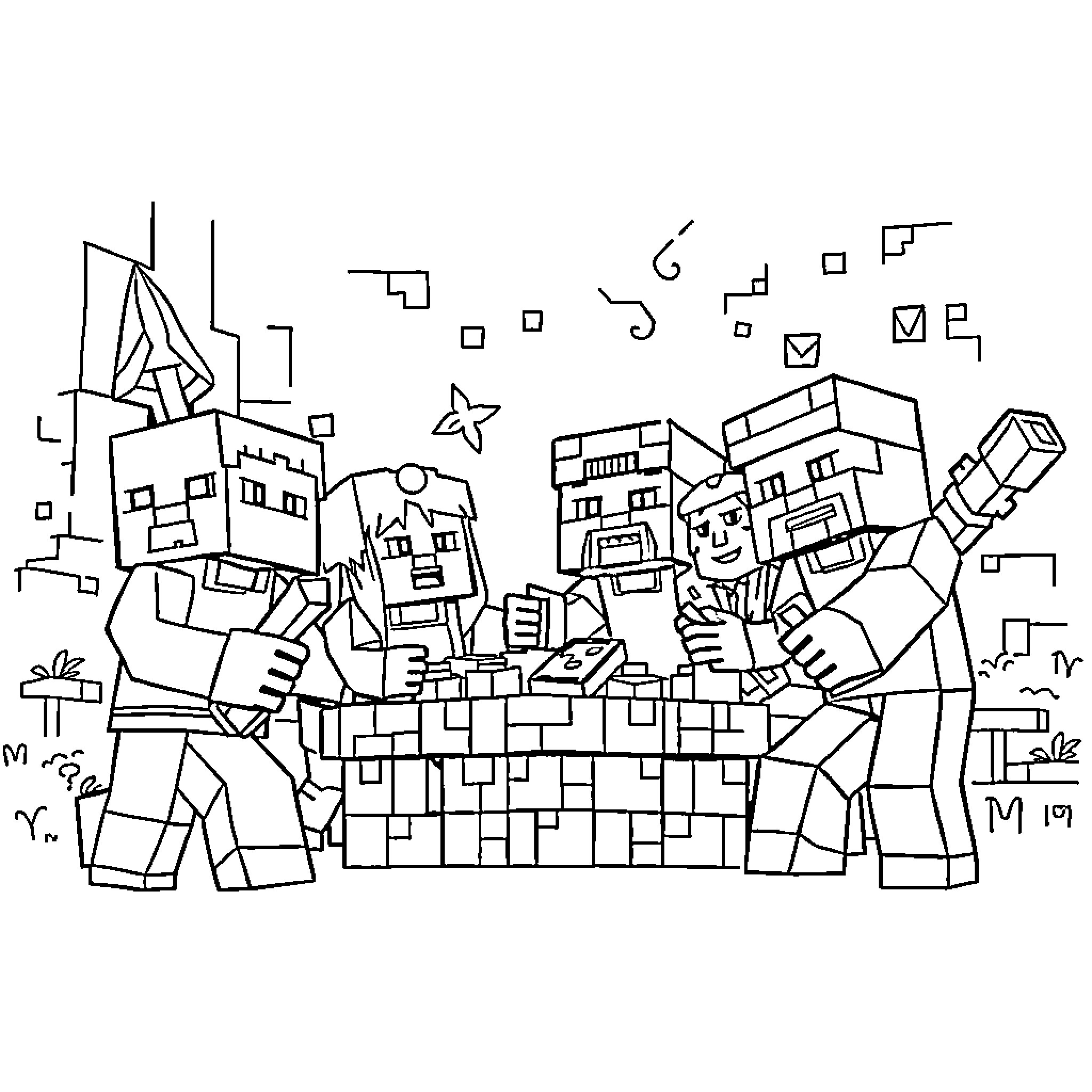 Minecraft characters exploring a pixelated landscape Coloring Page (free black-and-white line drawing printable PDF for all, from beginners to advanced learners, including children, teens, adults, and seniors)