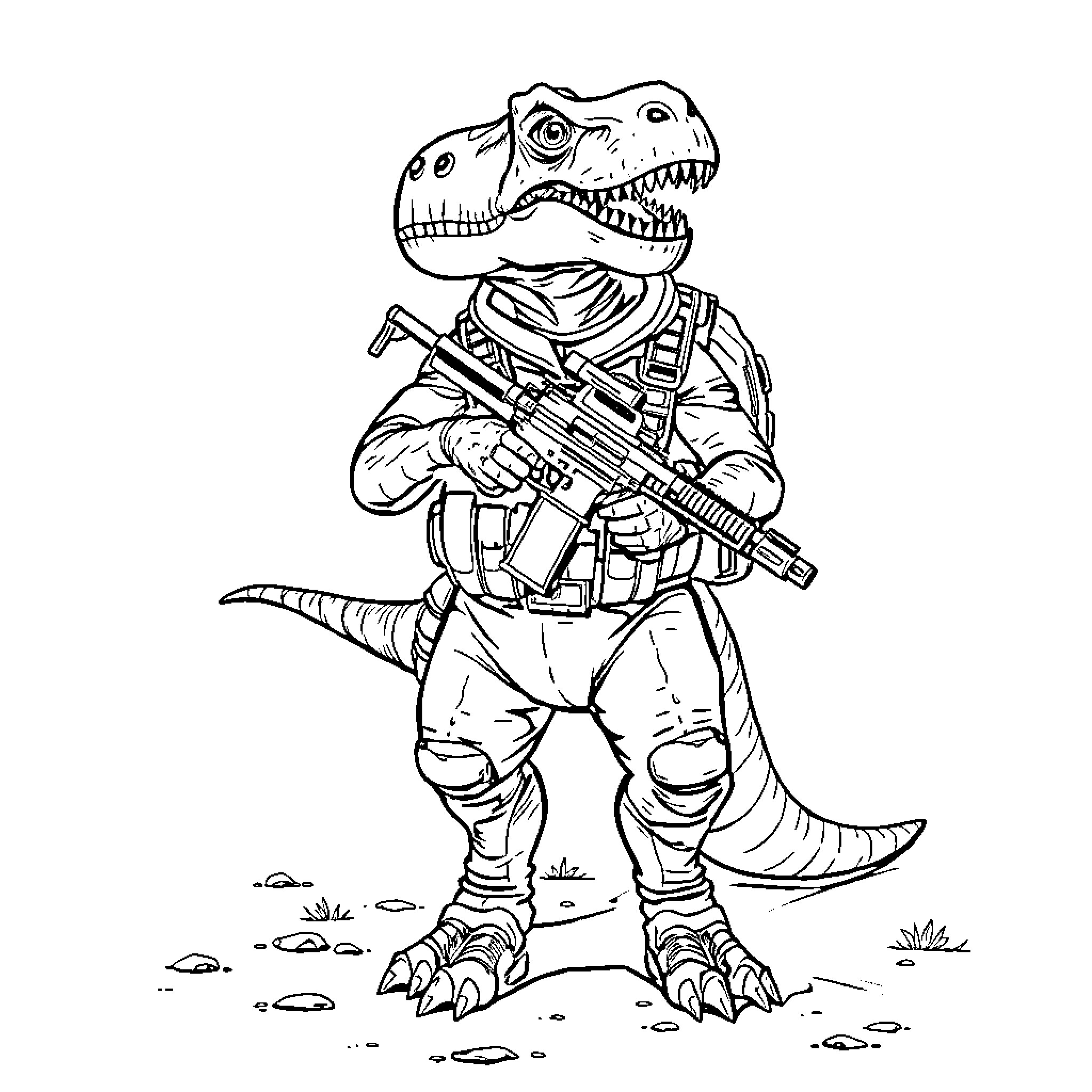 Dinosaur Soldier Holding Military Rifle Coloring Page (free black-and-white line drawing printable PDF for all, from beginners to advanced learners, including children, teens, adults, and seniors)