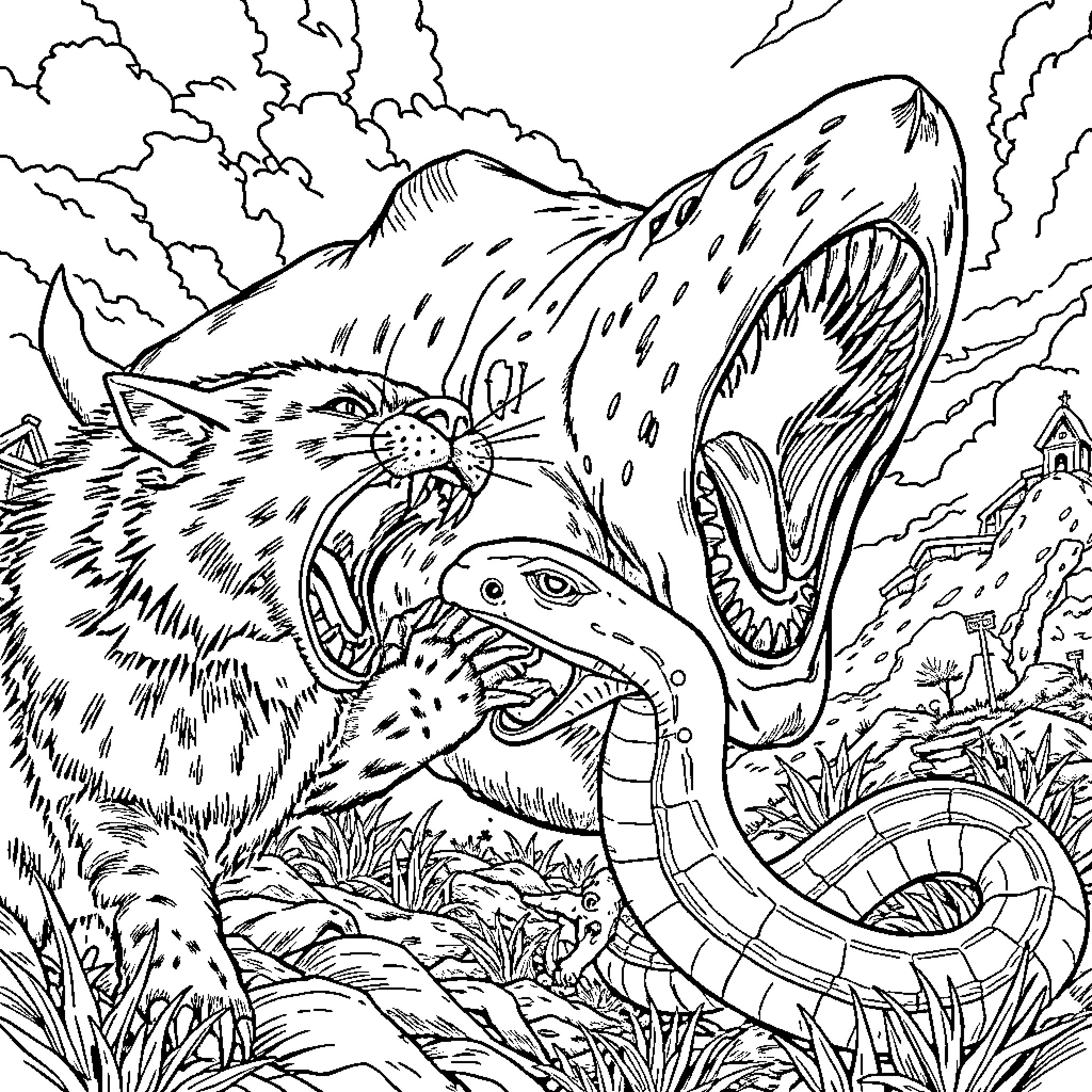 Cat confronting a snake in the wilderness Coloring Page (free black-and-white line drawing printable PDF for all, from beginners to advanced learners, including children, teens, adults, and seniors)