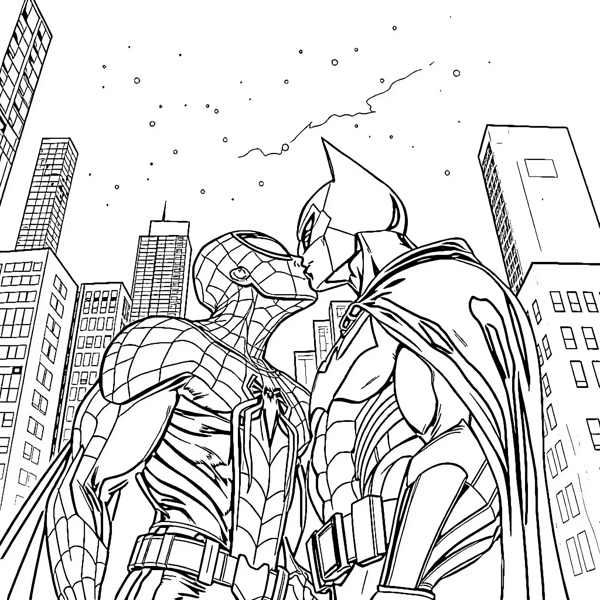 Spiderman battling an iconic villain in the city Coloring Page (free black-and-white line drawing printable PDF for all, from beginners to advanced learners, including children, teens, adults, and seniors)