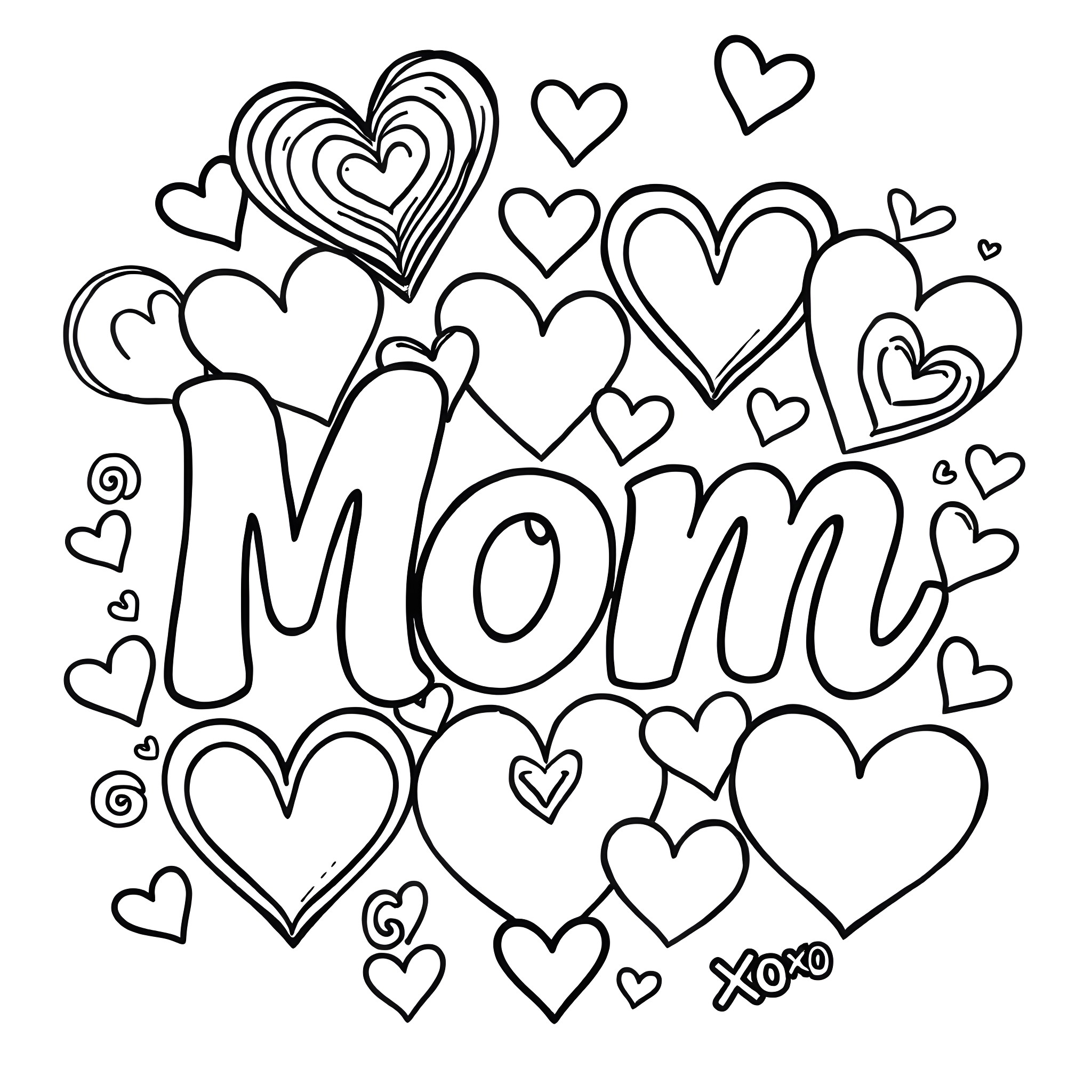 Heart-shaped expressions of love and affection for Mom Coloring Page (free black-and-white line drawing printable PDF for all, from beginners to advanced learners, including children, teens, adults, and seniors)