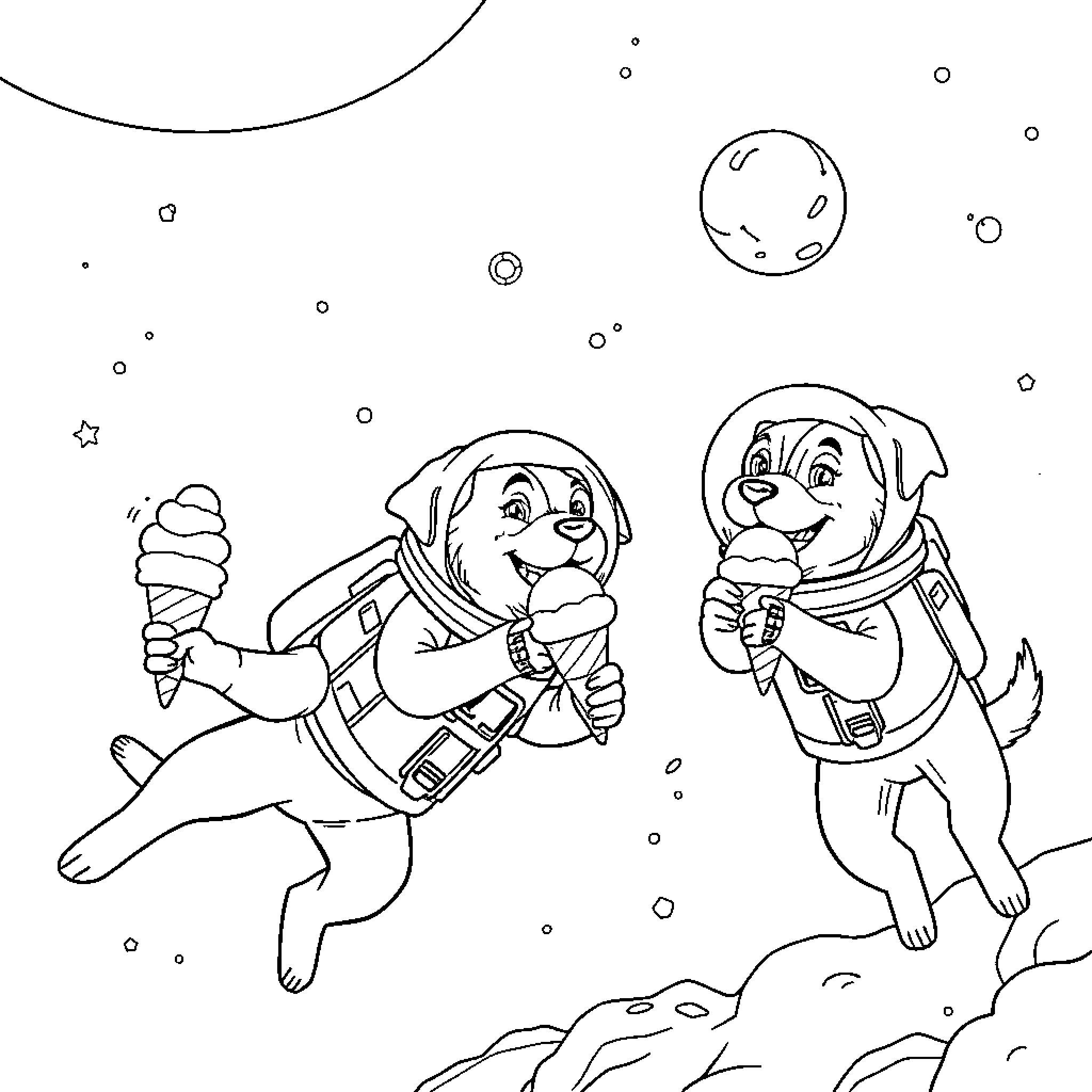 Dogs exploring the cosmos with ice cream Coloring Page (free black-and-white line drawing printable PDF for all, from beginners to advanced learners, including children, teens, adults, and seniors)
