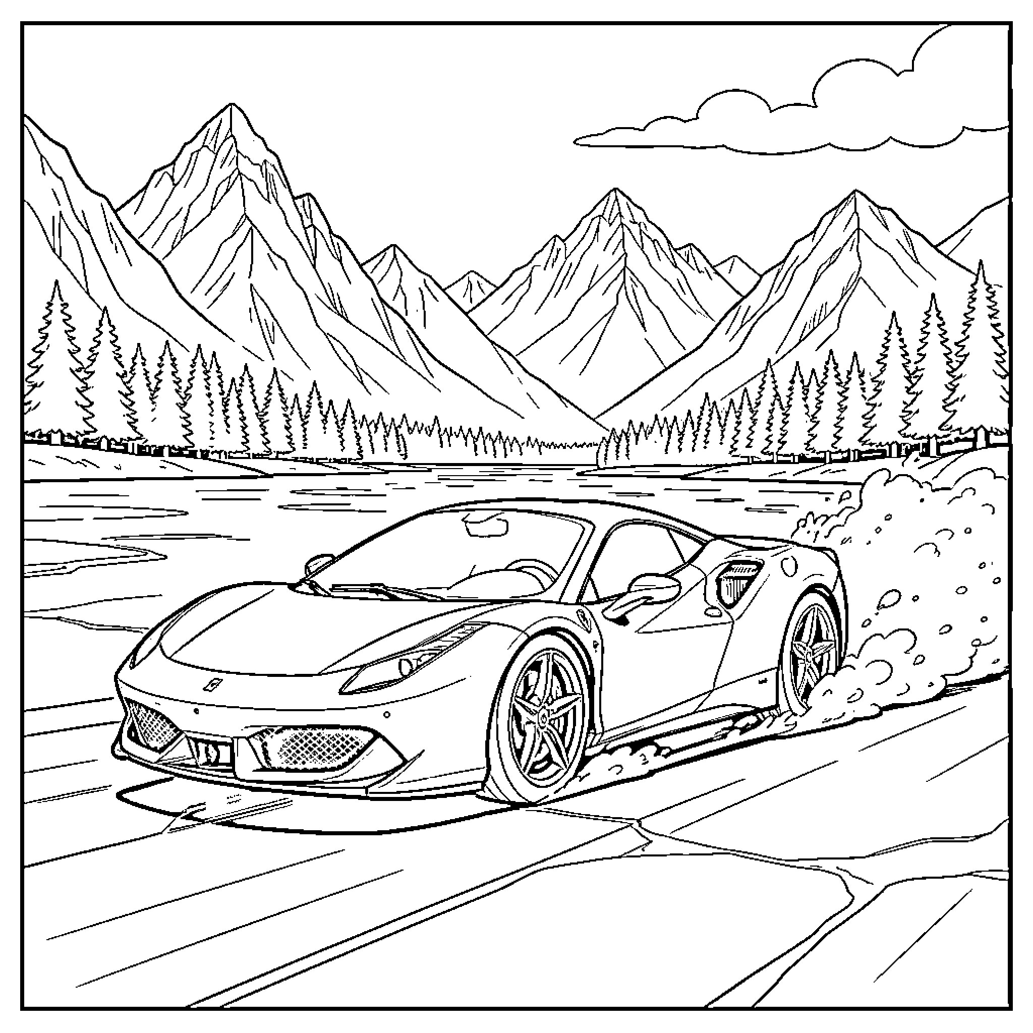 Ferrari speeding along a scenic mountain road Coloring Page (free black-and-white line drawing printable PDF for all, from beginners to advanced learners, including children, teens, adults, and seniors)