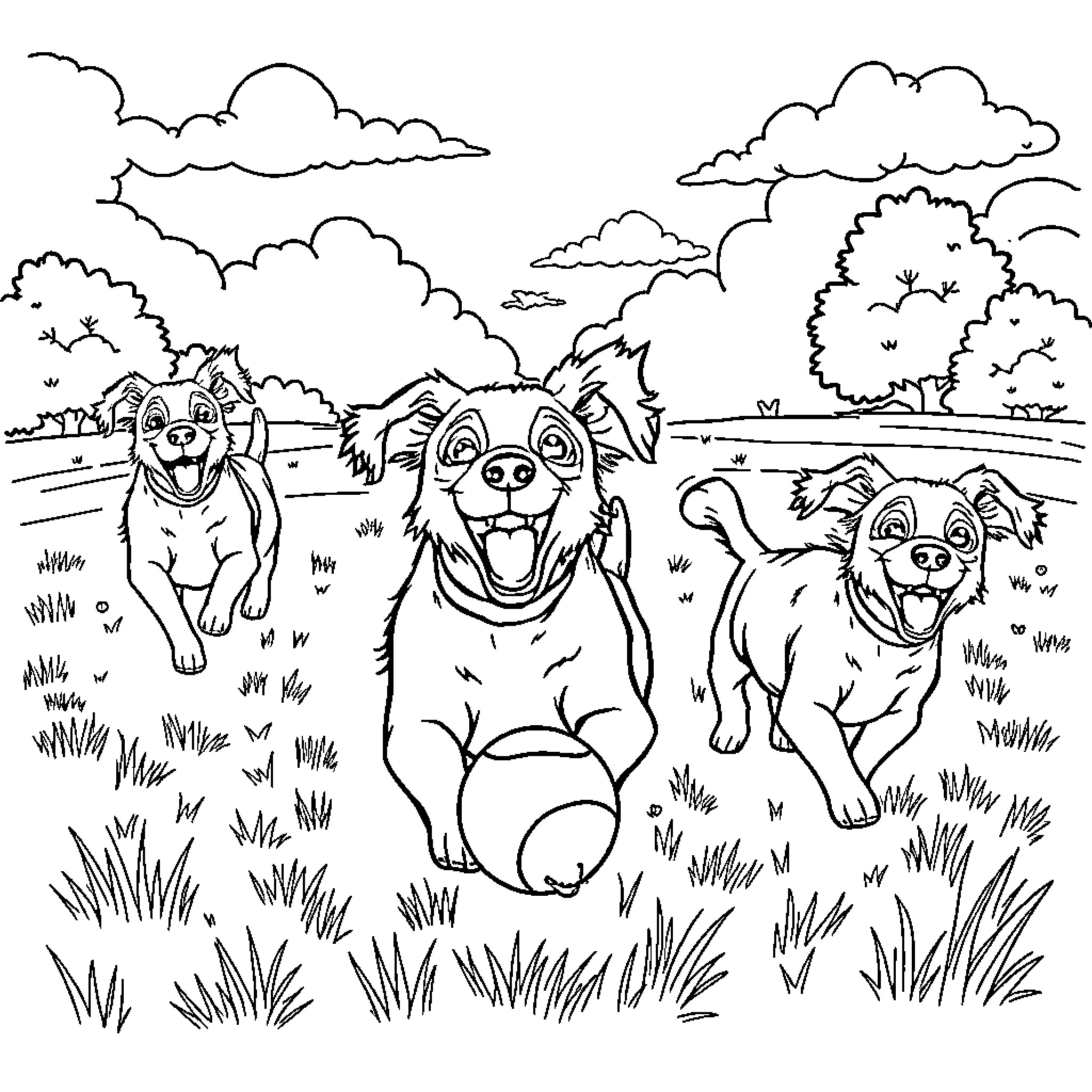 Dog friends playing joyfully in nature Coloring Page (free black-and-white line drawing printable PDF for all, from beginners to advanced learners, including children, teens, adults, and seniors)