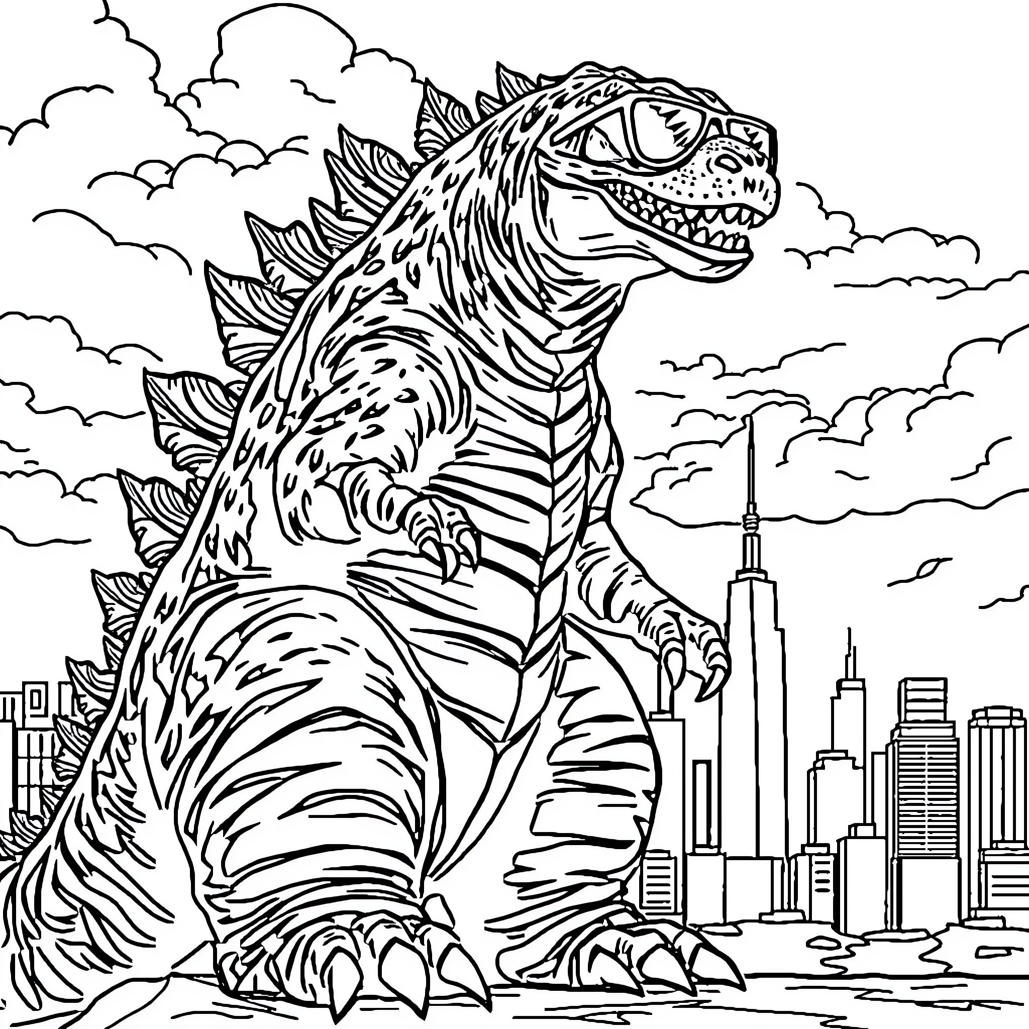 Godzilla attacks the city skyline Coloring Page (free black-and-white line drawing printable PDF for all, from beginners to advanced learners, including children, teens, adults, and seniors)