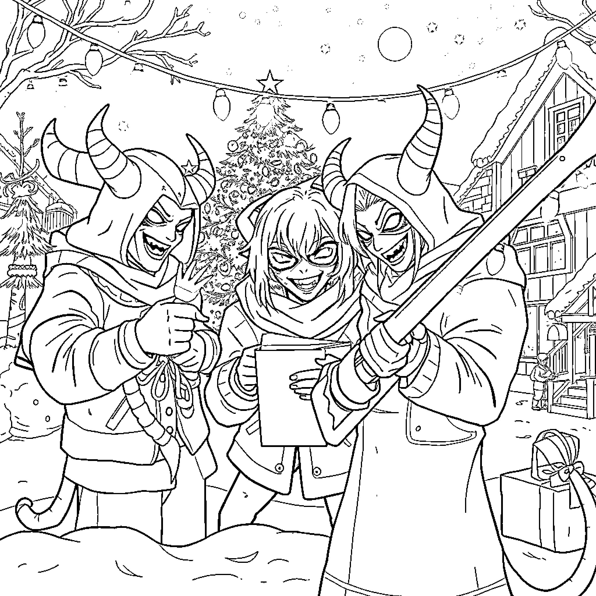 K Pop Trio Celebrating the Festive Season Coloring Page (free black-and-white line drawing printable PDF for all, from beginners to advanced learners, including children, teens, adults, and seniors)