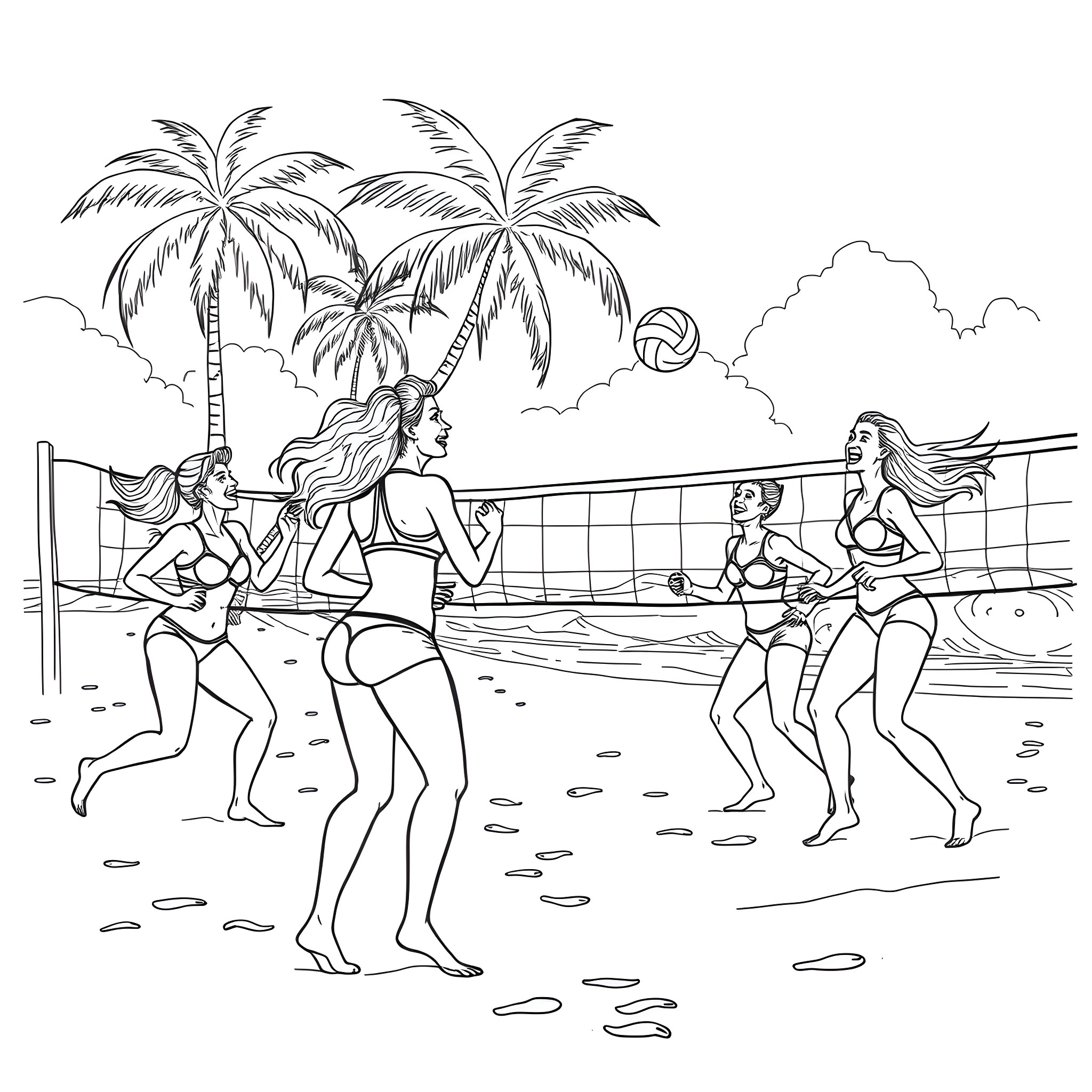 Girls playing beach volleyball on tropical island Coloring Page (free black-and-white line drawing printable PDF for all, from beginners to advanced learners, including children, teens, adults, and seniors)