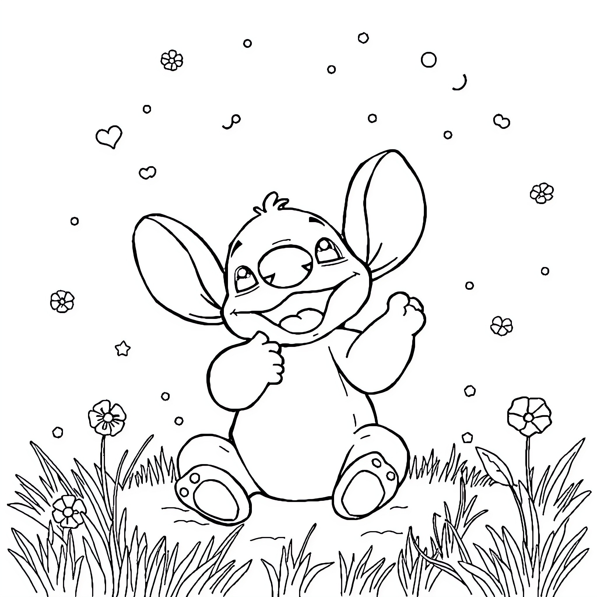 Stitch enjoying nature's whimsical wonders Coloring Page (free black-and-white line drawing printable PDF for all, from beginners to advanced learners, including children, teens, adults, and seniors)