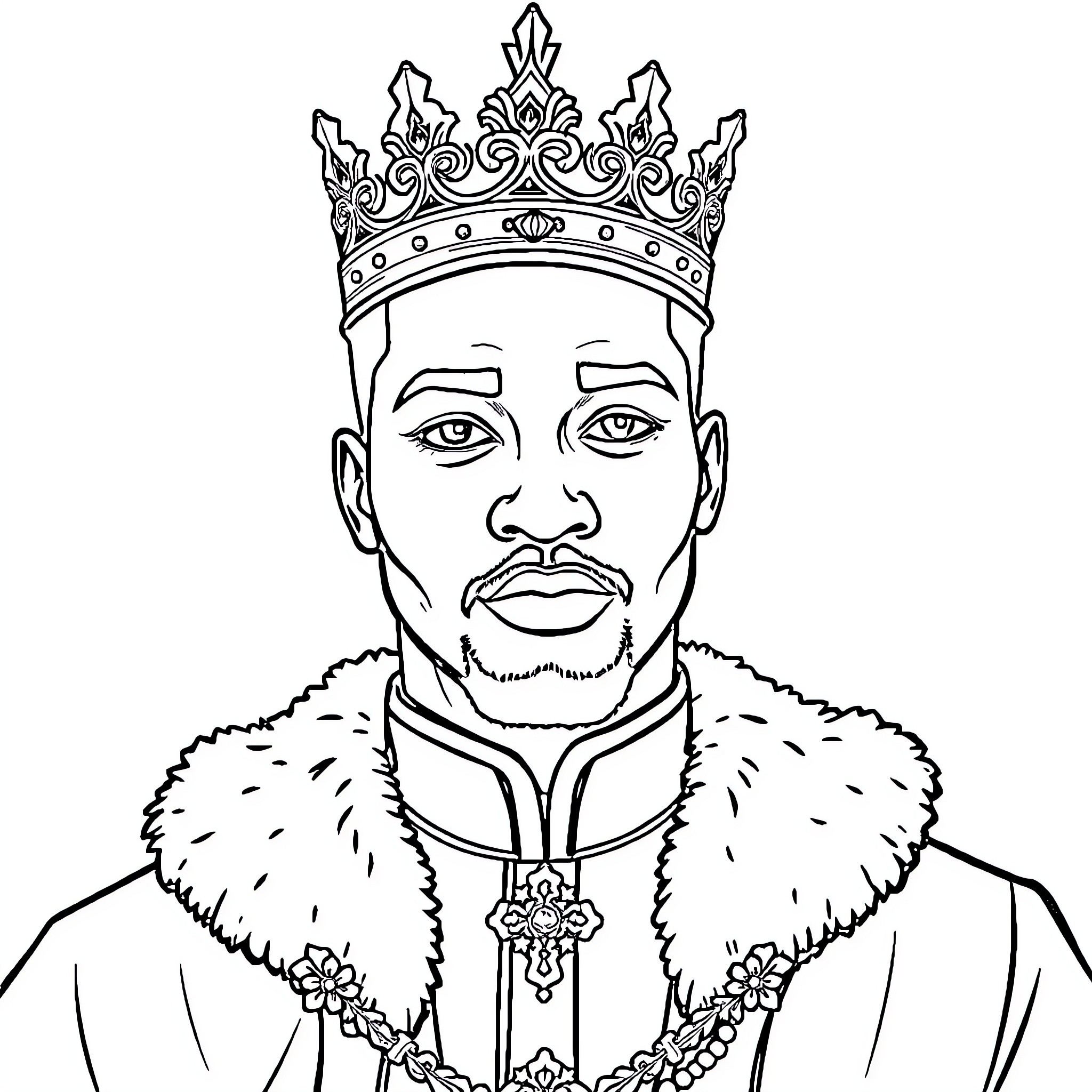 Prince in regal attire and crown Coloring Page (free black-and-white line drawing printable PDF for all, from beginners to advanced learners, including children, teens, adults, and seniors)