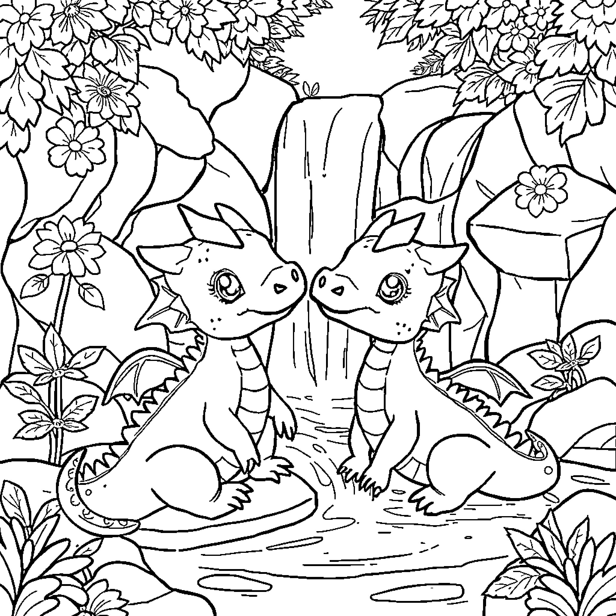 Dragon creatures playing by a waterfall in a floral landscape Coloring Page (free black-and-white line drawing printable PDF for all, from beginners to advanced learners, including children, teens, adults, and seniors)