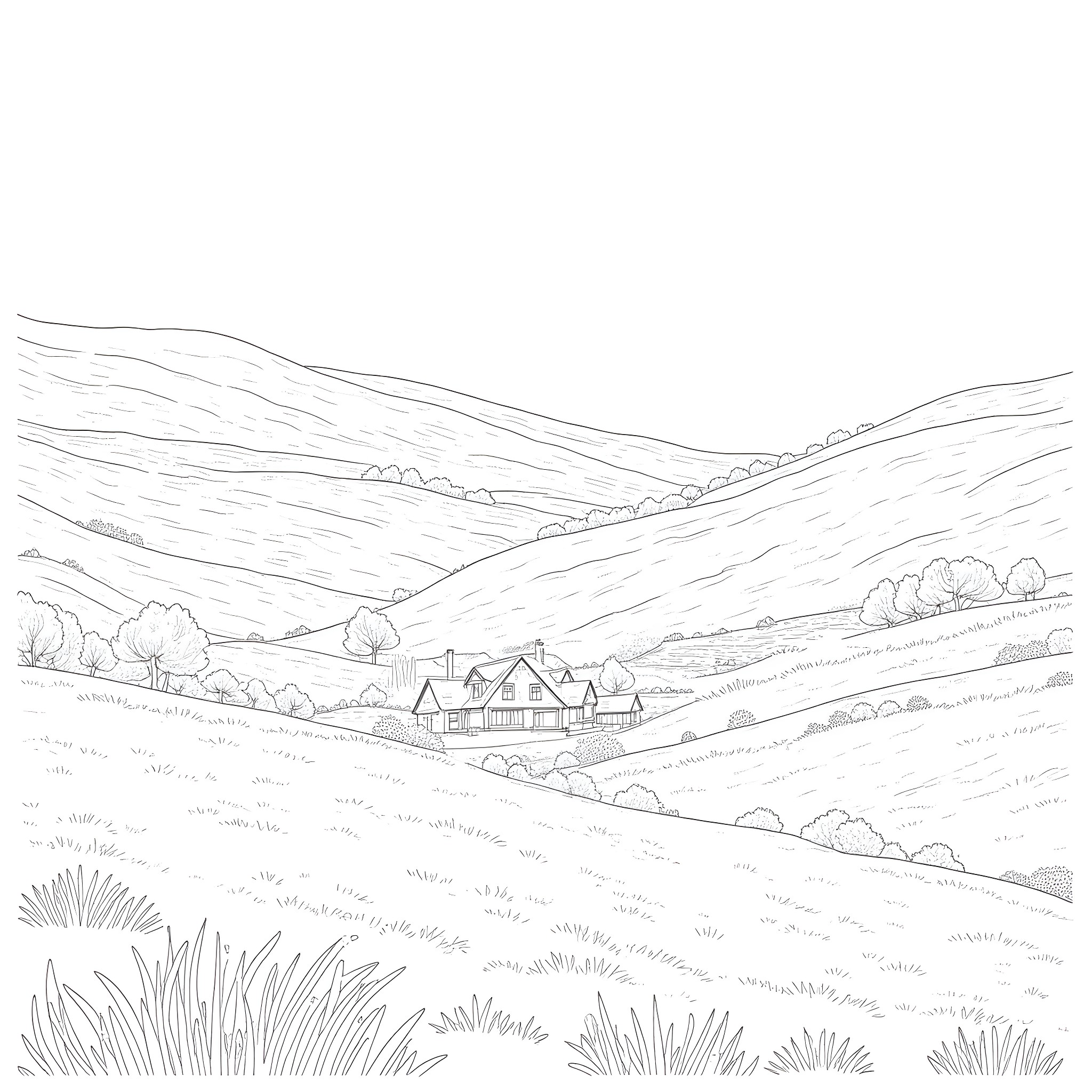 Cottage Nestled in Picturesque Countryside Landscape Coloring Page (free black-and-white line drawing printable PDF for all, from beginners to advanced learners, including children, teens, adults, and seniors)