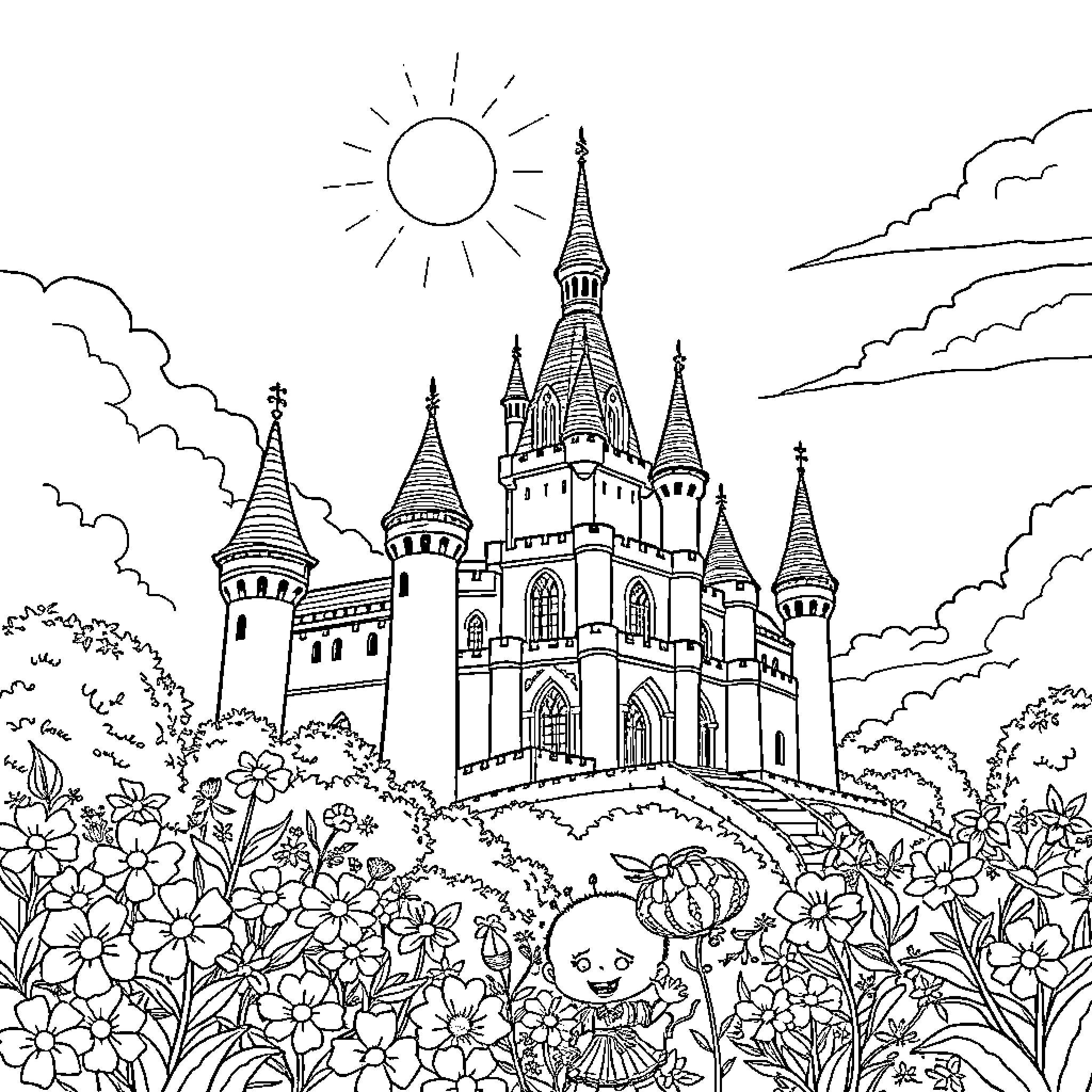 Château in a Whimsical Floral Landscape Coloring Page (free black-and-white line drawing printable PDF for all, from beginners to advanced learners, including children, teens, adults, and seniors)