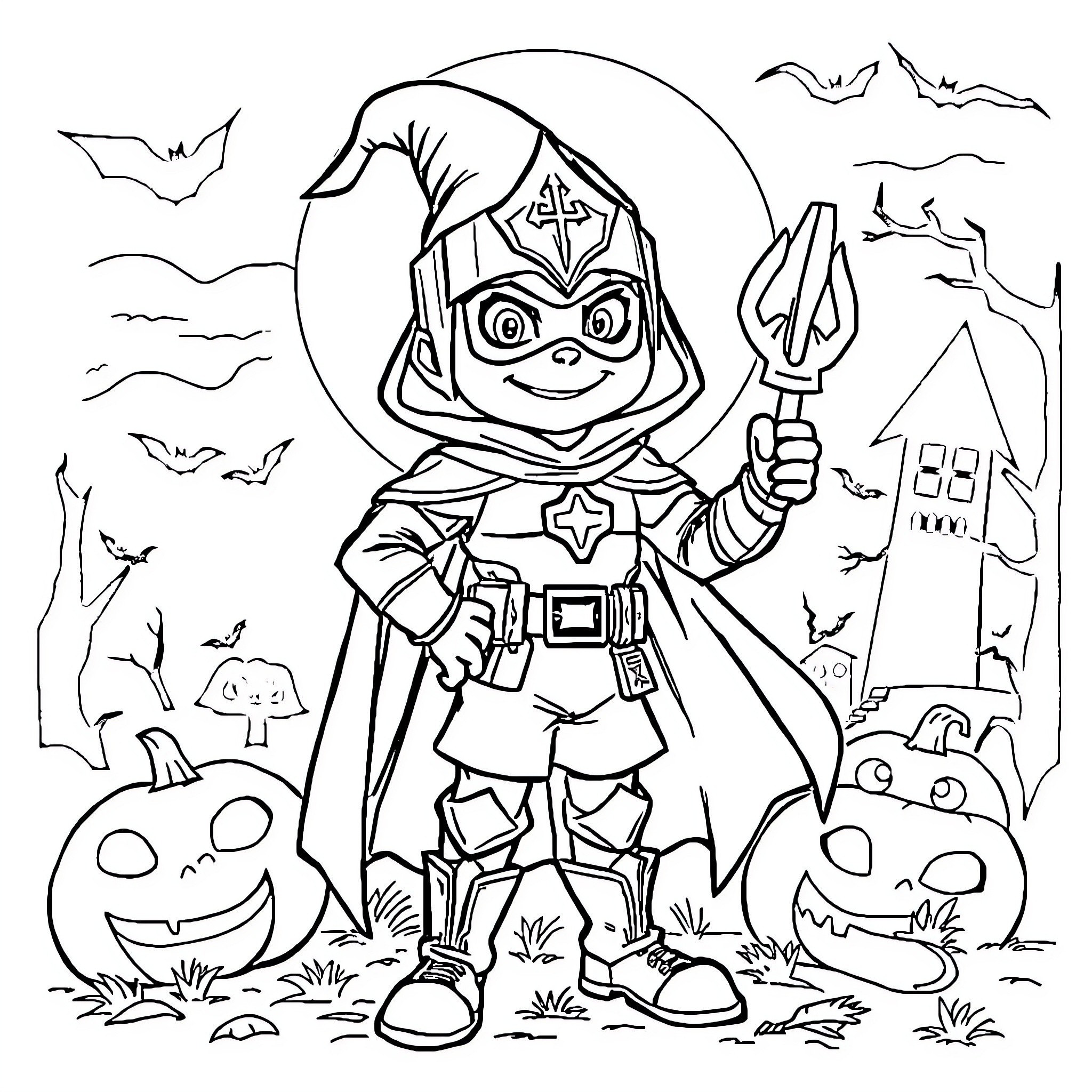 Siroter Héros Trick-or-Treating with Pumpkins and Bats Coloring Page (free black-and-white line drawing printable PDF for all, from beginners to advanced learners, including children, teens, adults, and seniors)
