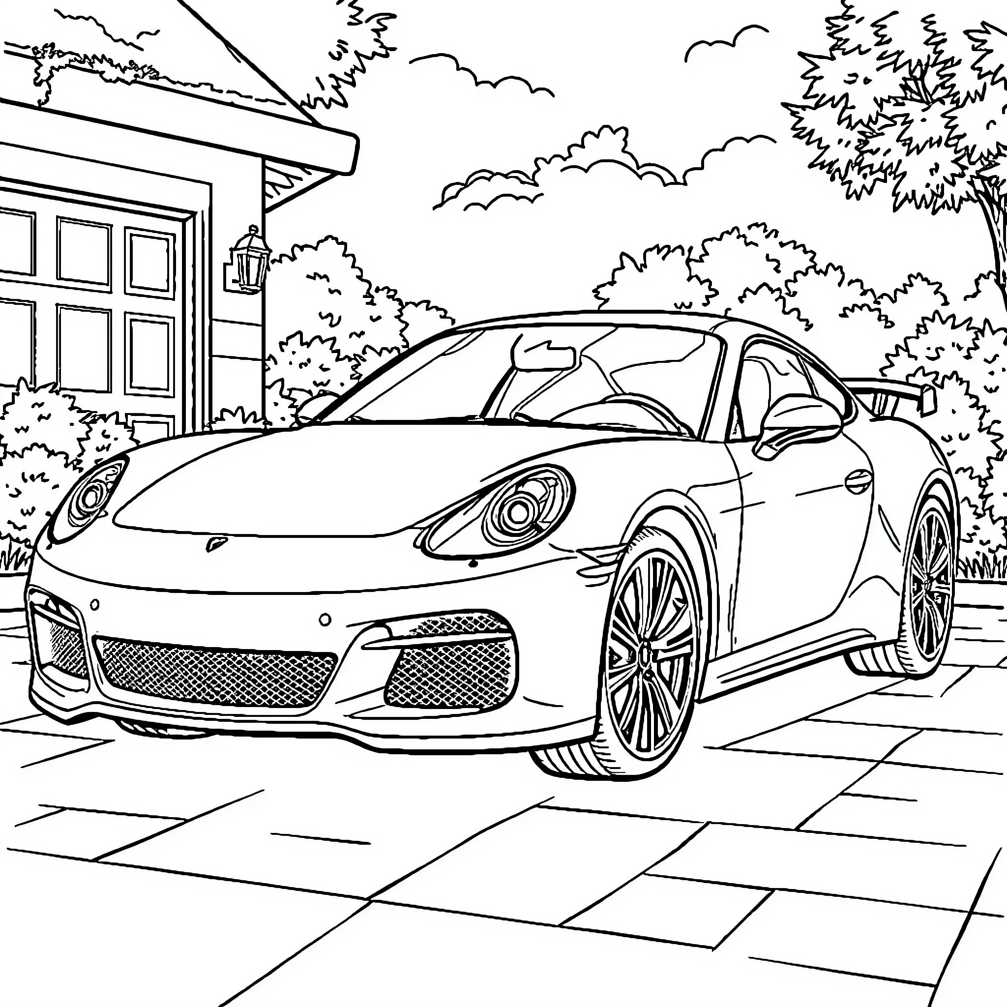 Car parked in scenic neighborhood Coloring Page (free black-and-white line drawing printable PDF for all, from beginners to advanced learners, including children, teens, adults, and seniors)