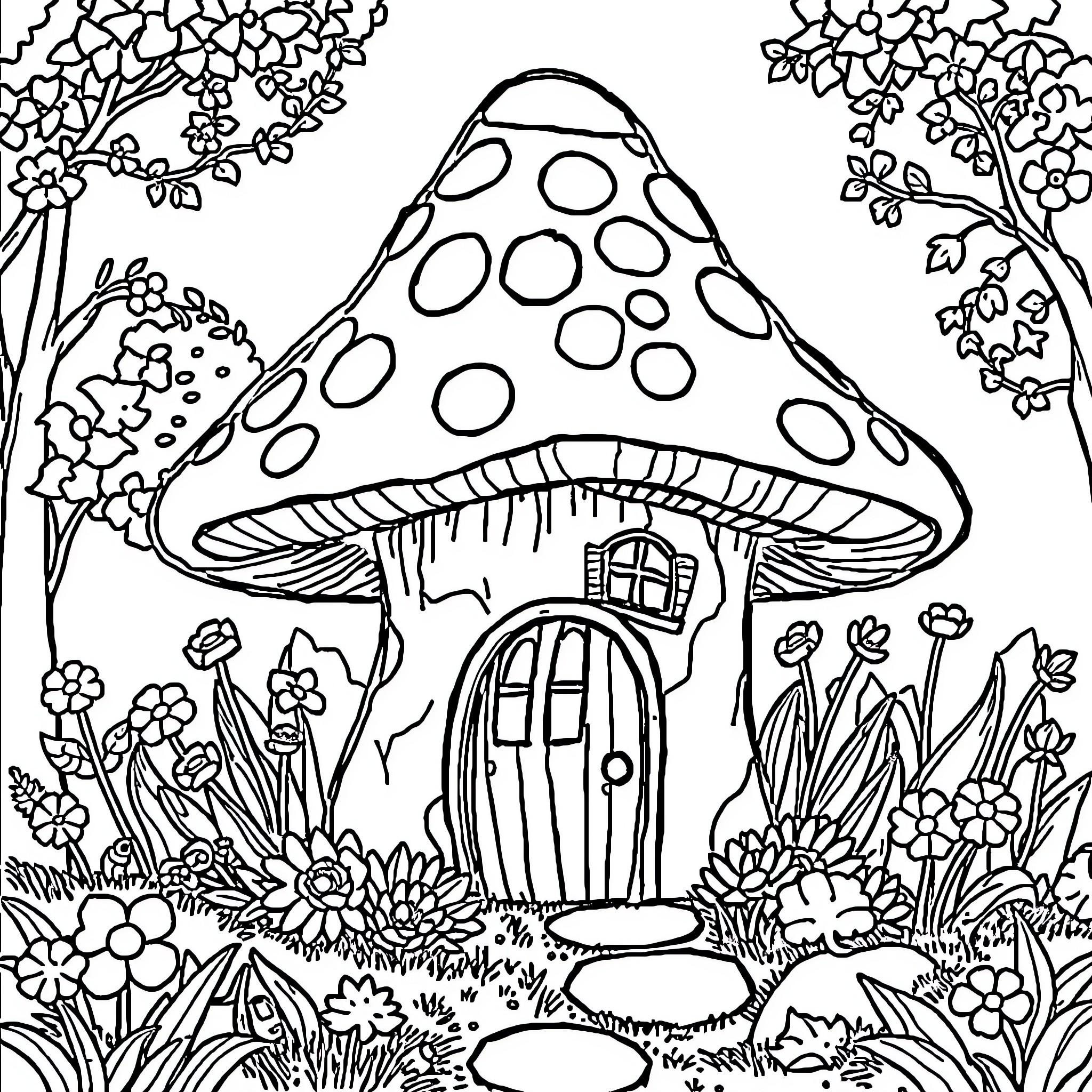Mushroom house surrounded by whimsical plants and flowers Coloring Page (free black-and-white line drawing printable PDF for all, from beginners to advanced learners, including children, teens, adults, and seniors)