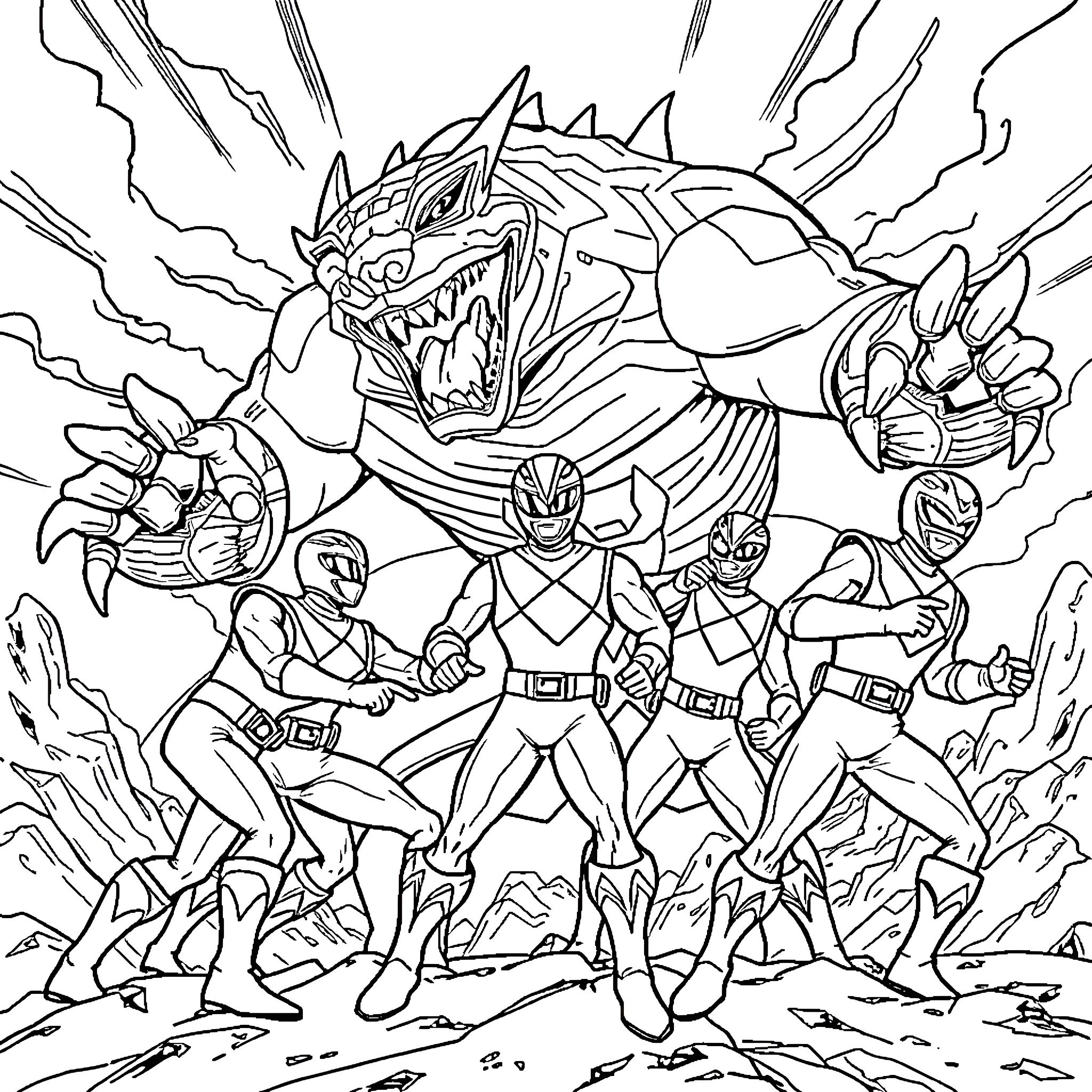 Power Rangers Battling Ferocious Monster Coloring Page (free black-and-white line drawing printable PDF for all, from beginners to advanced learners, including children, teens, adults, and seniors)