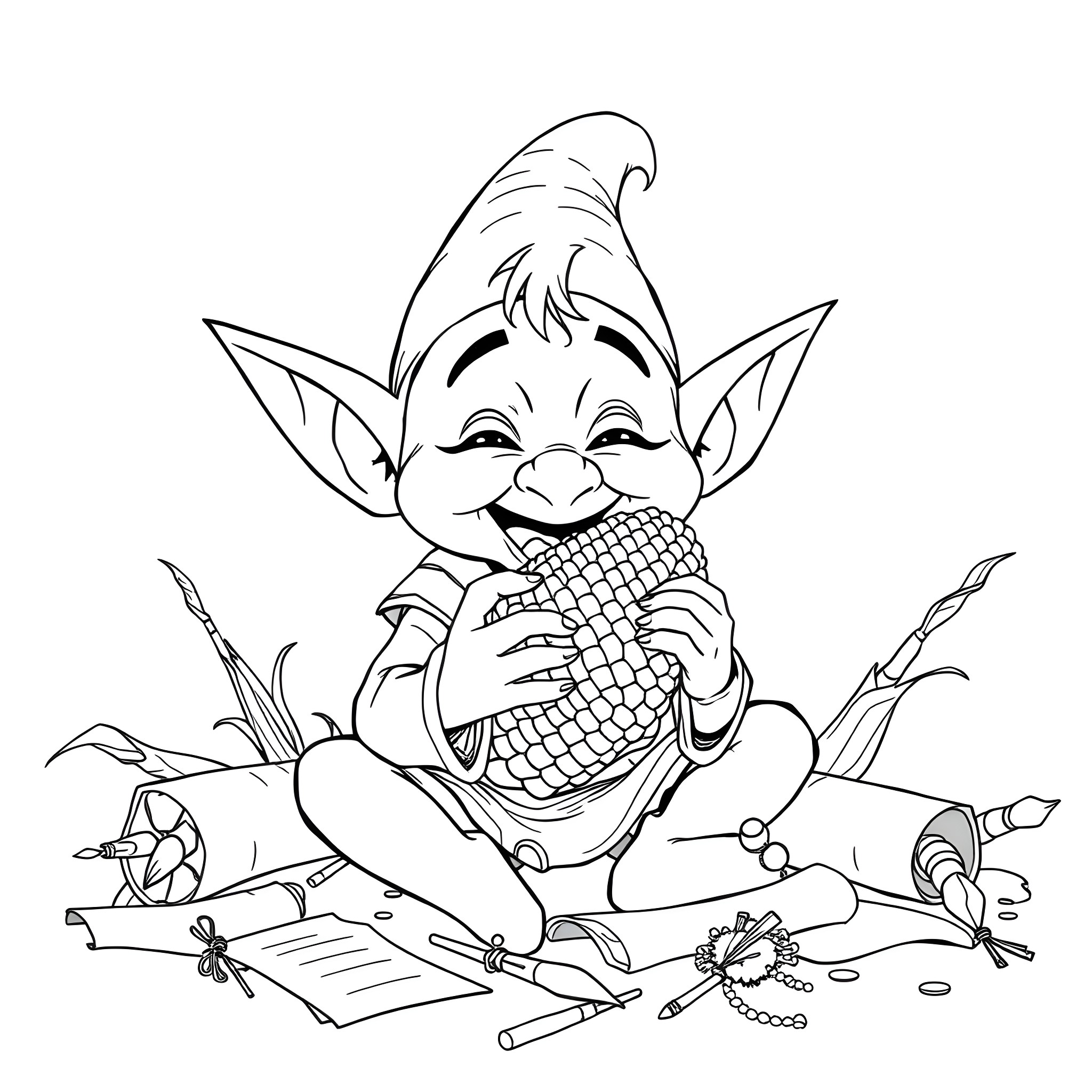 Dobby the Elf Enjoying a Corncob Coloring Page (free black-and-white line drawing printable PDF for all, from beginners to advanced learners, including children, teens, adults, and seniors)