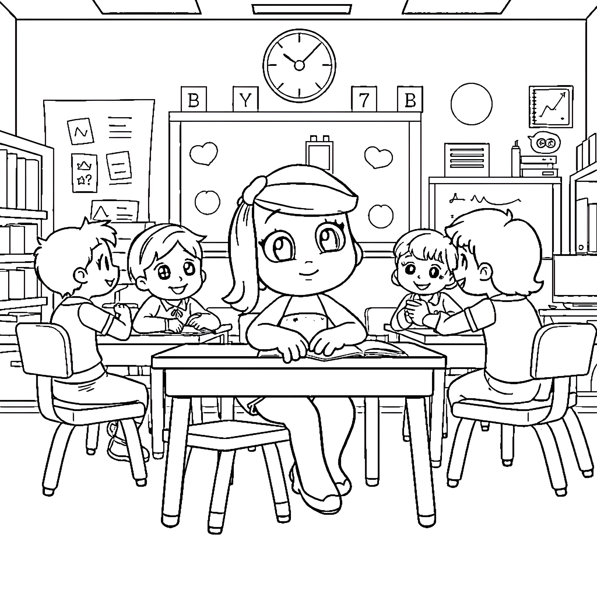 Bluey and friends learning in the classroom Coloring Page (free black-and-white line drawing printable PDF for all, from beginners to advanced learners, including children, teens, adults, and seniors)