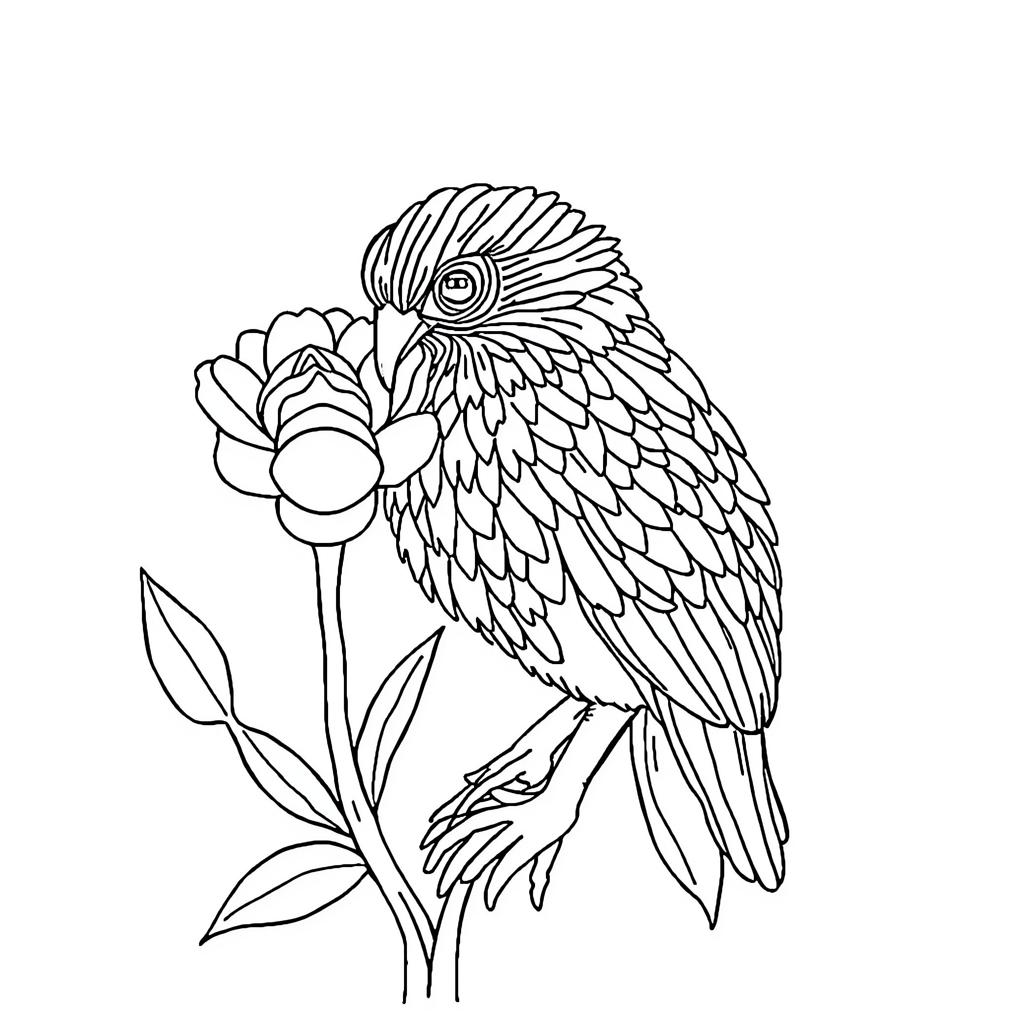 Colors of Nature: Majestic Bird and Floral Artwork Coloring Page (free black-and-white line drawing printable PDF for all, from beginners to advanced learners, including children, teens, adults, and seniors)