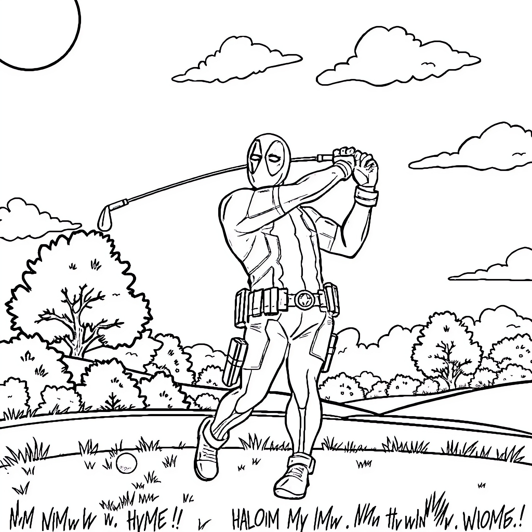 Deadpool posing dramatically in nature Coloring Page (free black-and-white line drawing printable PDF for all, from beginners to advanced learners, including children, teens, adults, and seniors)