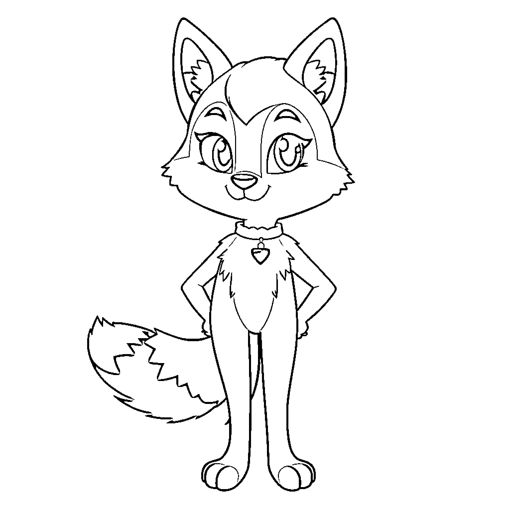 Sophia the Animated Fox in Charming Pose Coloring Page (free black-and-white line drawing printable PDF for all, from beginners to advanced learners, including children, teens, adults, and seniors)