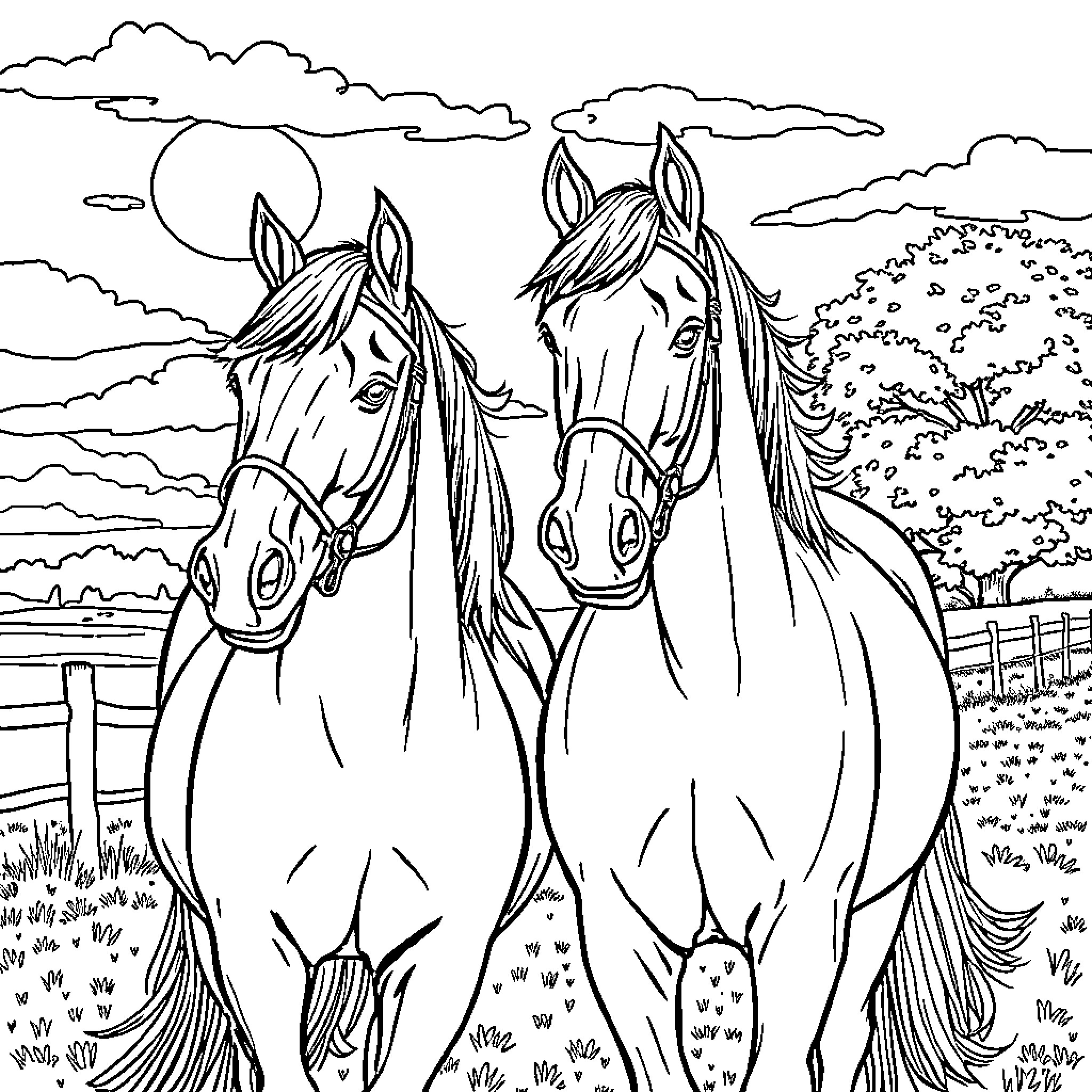 Paard Two horses standing in a field Coloring Page (free black-and-white line drawing printable PDF for all, from beginners to advanced learners, including children, teens, adults, and seniors)