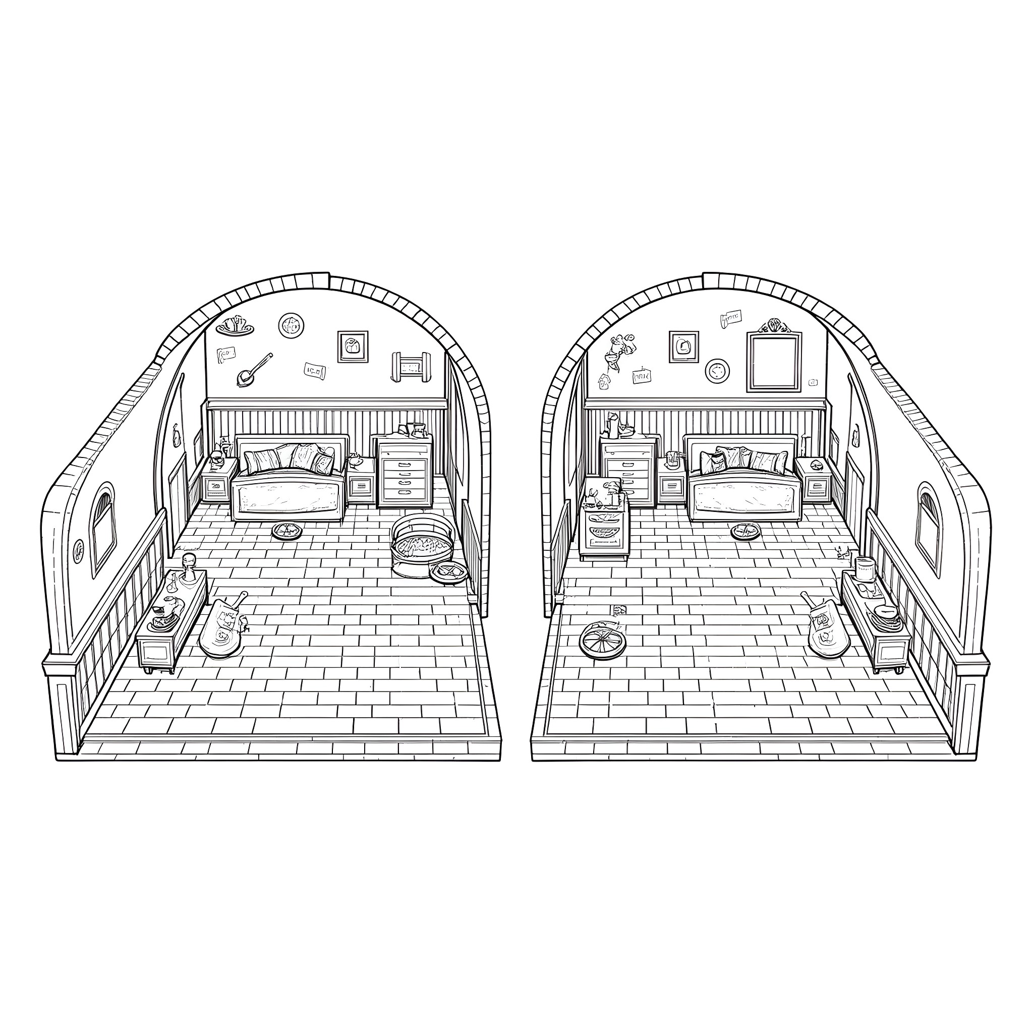 Castle with identical guest rooms Coloring Page (free black-and-white line drawing printable PDF for all, from beginners to advanced learners, including children, teens, adults, and seniors)