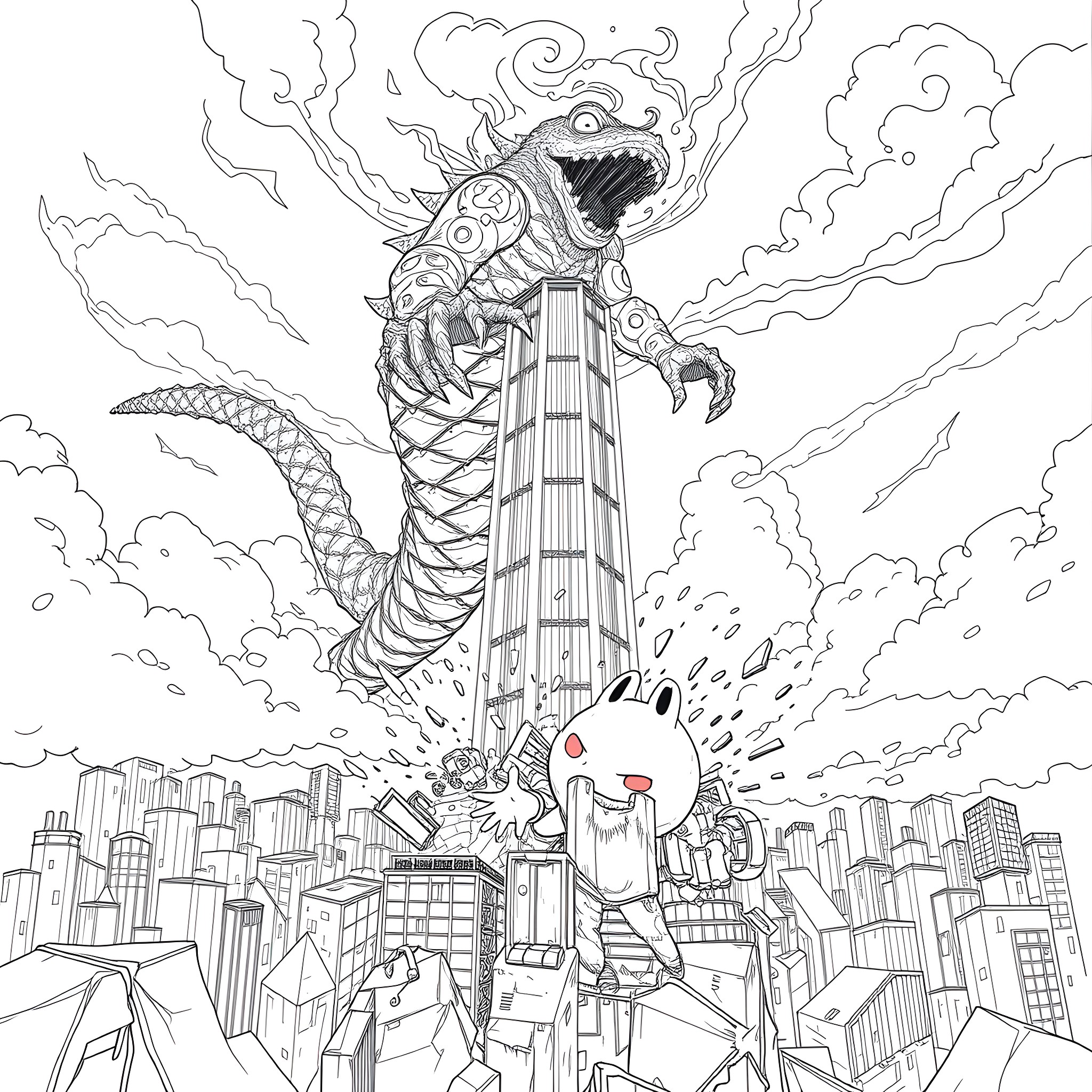 Kaiju monster rampaging through a city Coloring Page (free black-and-white line drawing printable PDF for all, from beginners to advanced learners, including children, teens, adults, and seniors)