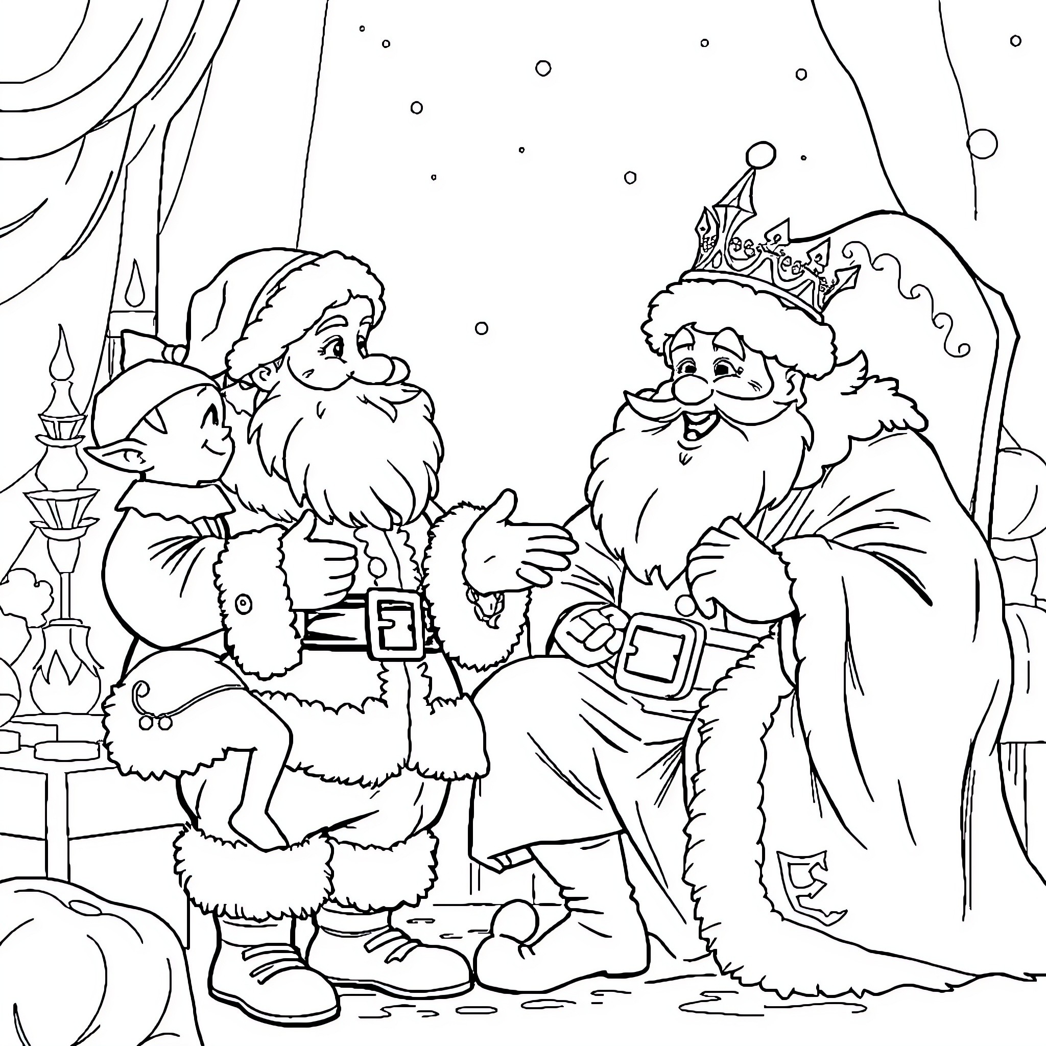 Santa and Mrs. Claus in the Winter Wonderland Coloring Page (free black-and-white line drawing printable PDF for all, from beginners to advanced learners, including children, teens, adults, and seniors)