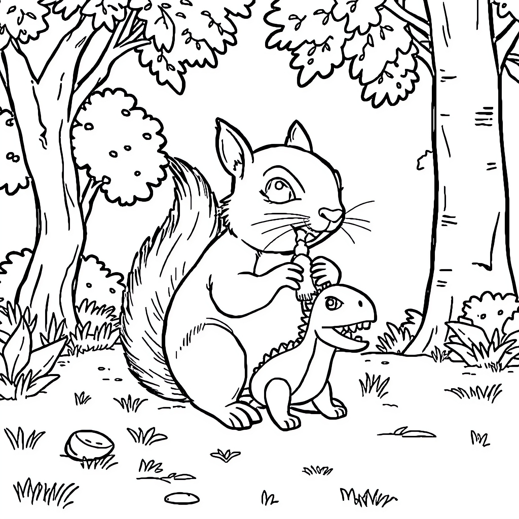 Squirrel enjoying the forest scenery Coloring Page (free black-and-white line drawing printable PDF for all, from beginners to advanced learners, including children, teens, adults, and seniors)