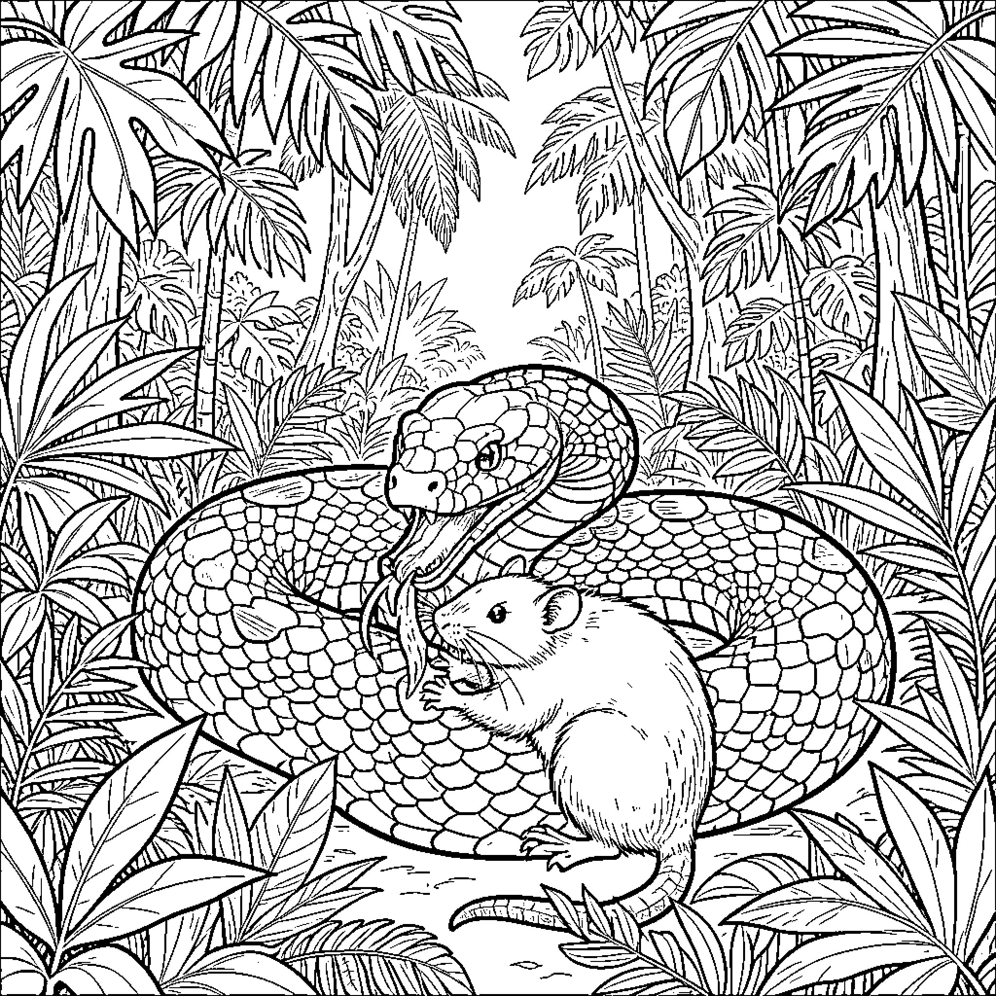 Python and Mouse in Tropical Jungle Coloring Page (free black-and-white line drawing printable PDF for all, from beginners to advanced learners, including children, teens, adults, and seniors)