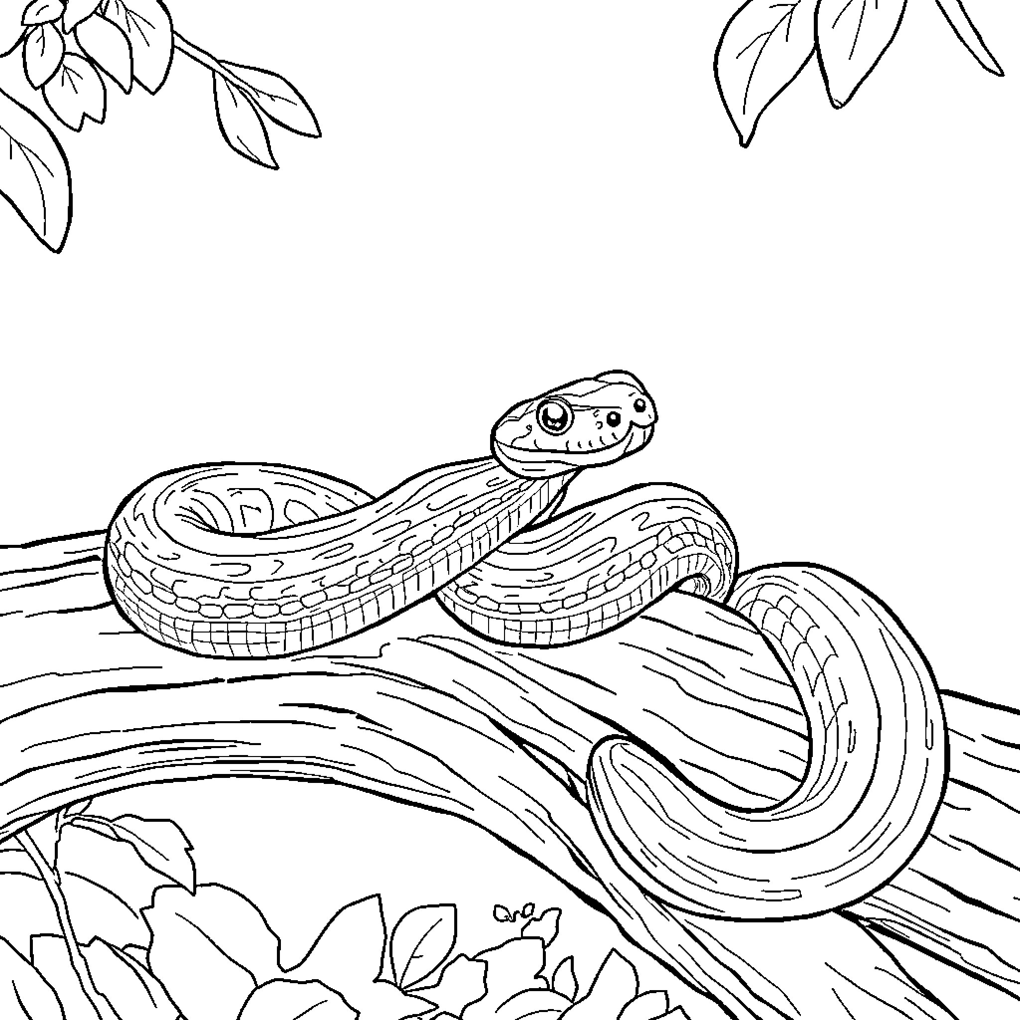 Corn Snake slithering through foliage Coloring Page (free black-and-white line drawing printable PDF for all, from beginners to advanced learners, including children, teens, adults, and seniors)