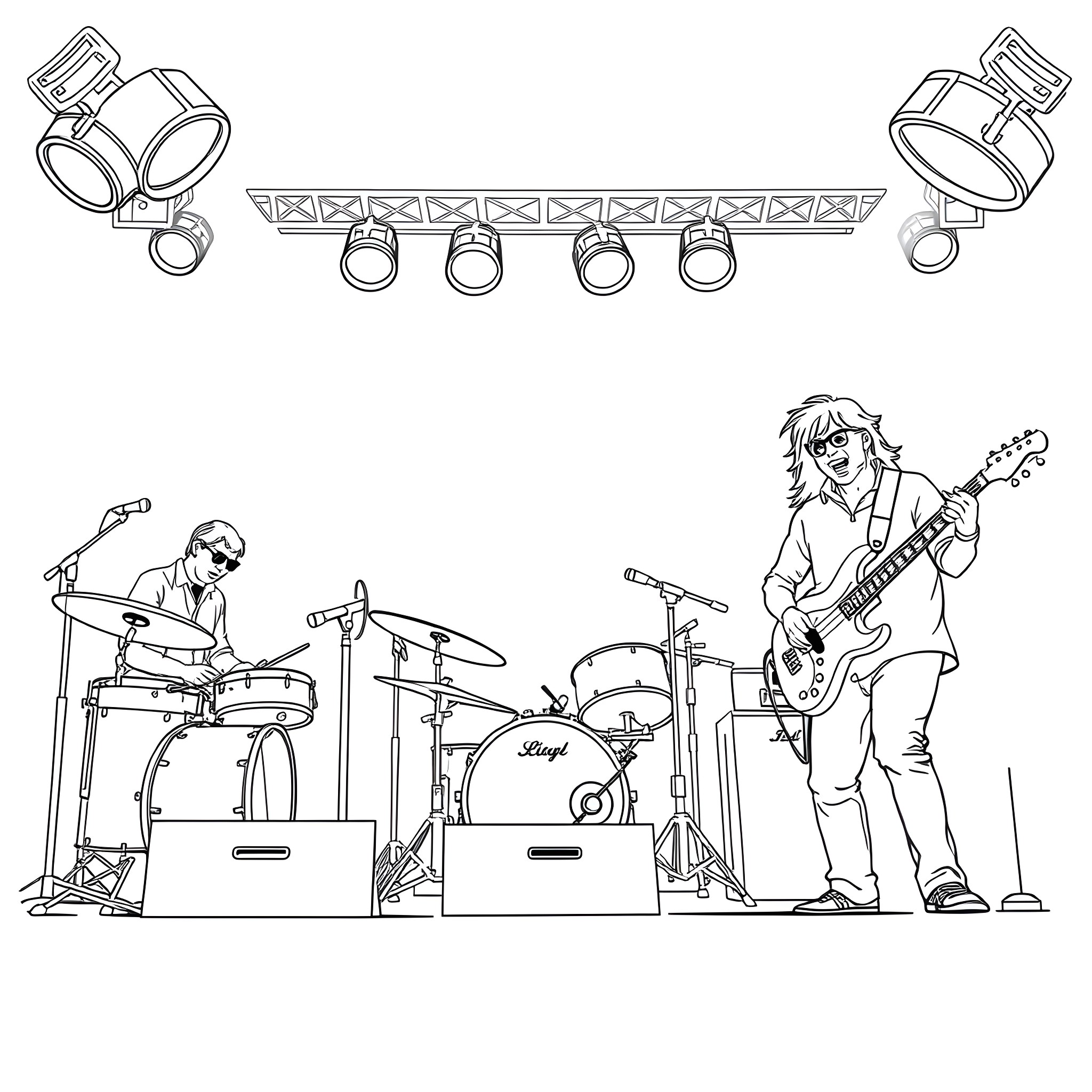 Band members performing on stage with instruments Coloring Page (free black-and-white line drawing printable PDF for all, from beginners to advanced learners, including children, teens, adults, and seniors)