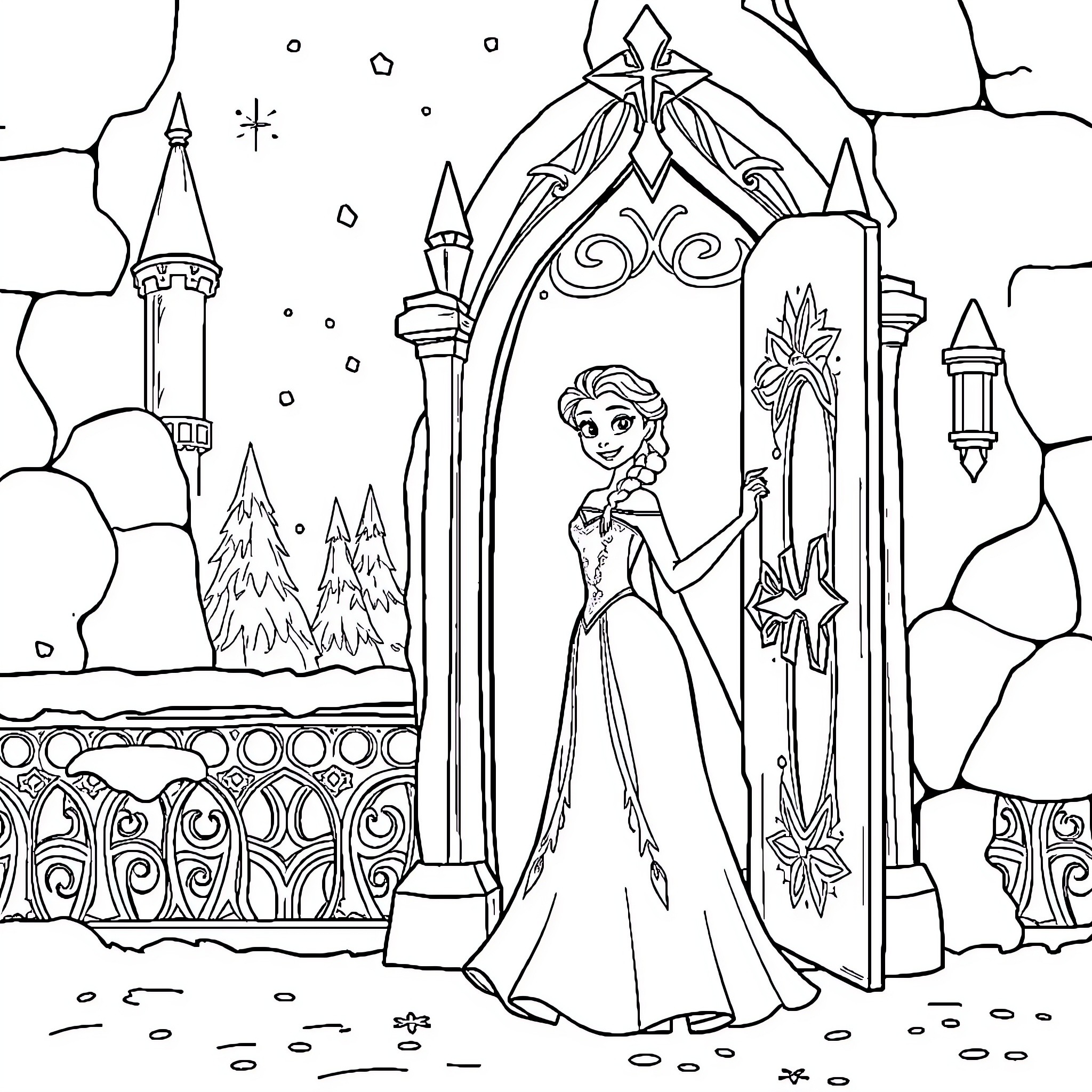 Elsa standing proudly in her winter palace Coloring Page (free black-and-white line drawing printable PDF for all, from beginners to advanced learners, including children, teens, adults, and seniors)