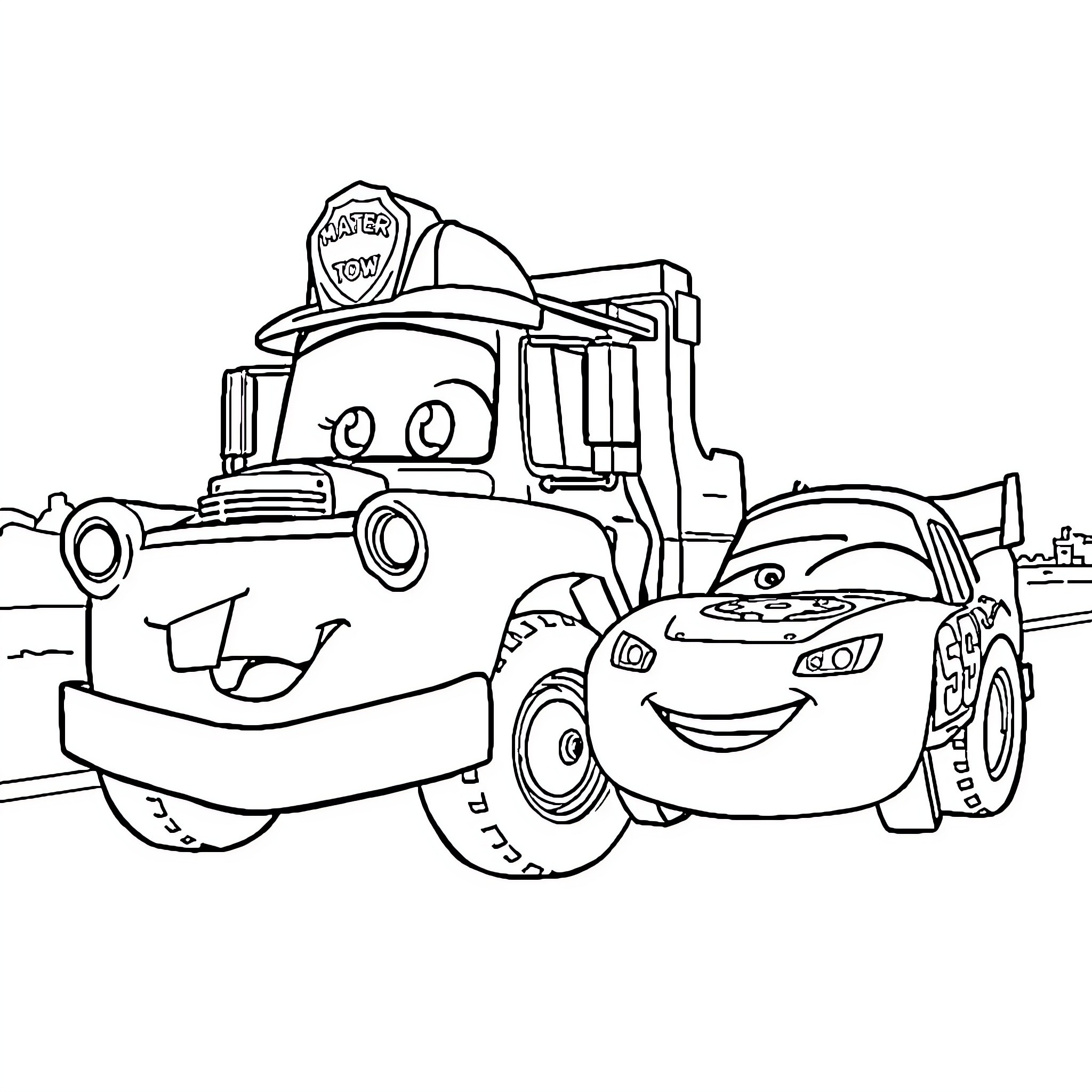 Mater and Tow Truck Friends Assisting Each Other Coloring Page (free black-and-white line drawing printable PDF for all, from beginners to advanced learners, including children, teens, adults, and seniors)